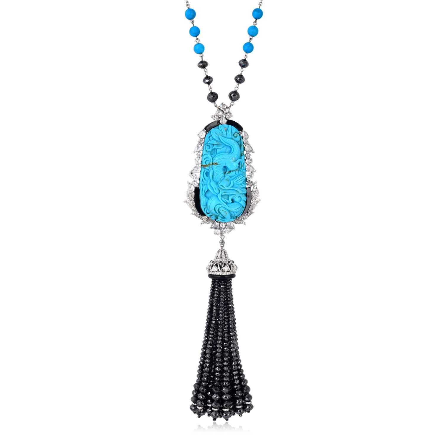 Exquisite White Gold Opera Necklace with Carved Turquoise Beads & Onyx Pave Diamonds | Elegant Tassel Design for Evening Gowns, Weddings & Special Occasions