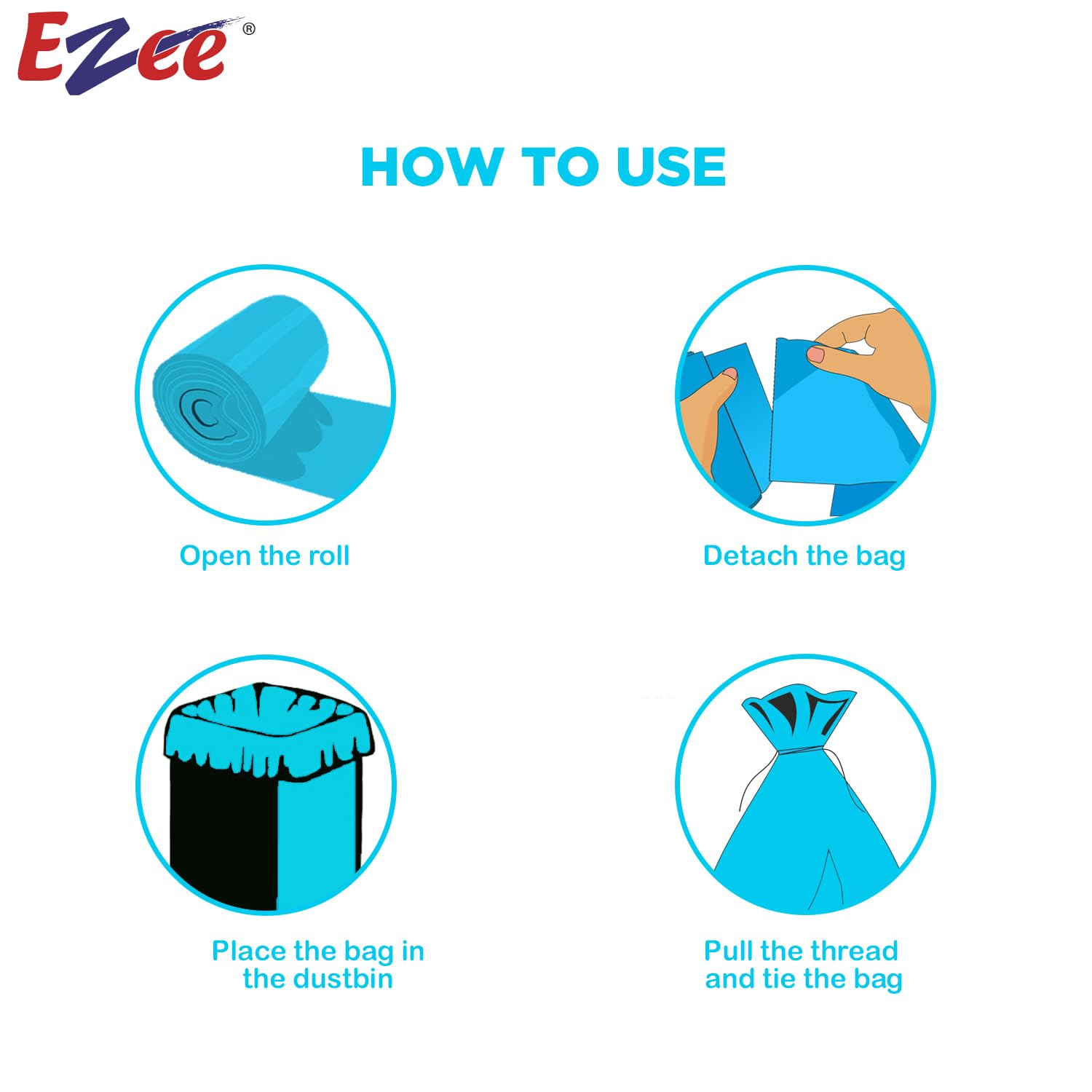 Ezee Blue Medium Trash Bags 180 Count (30 Bags x 6 Rolls) | 19x21 Inch Heavy Duty Garbage Bags for Kitchen, Office & Bathroom | Wet & Dry Waste Disposal | Leak Proof & Durable Bin Liners