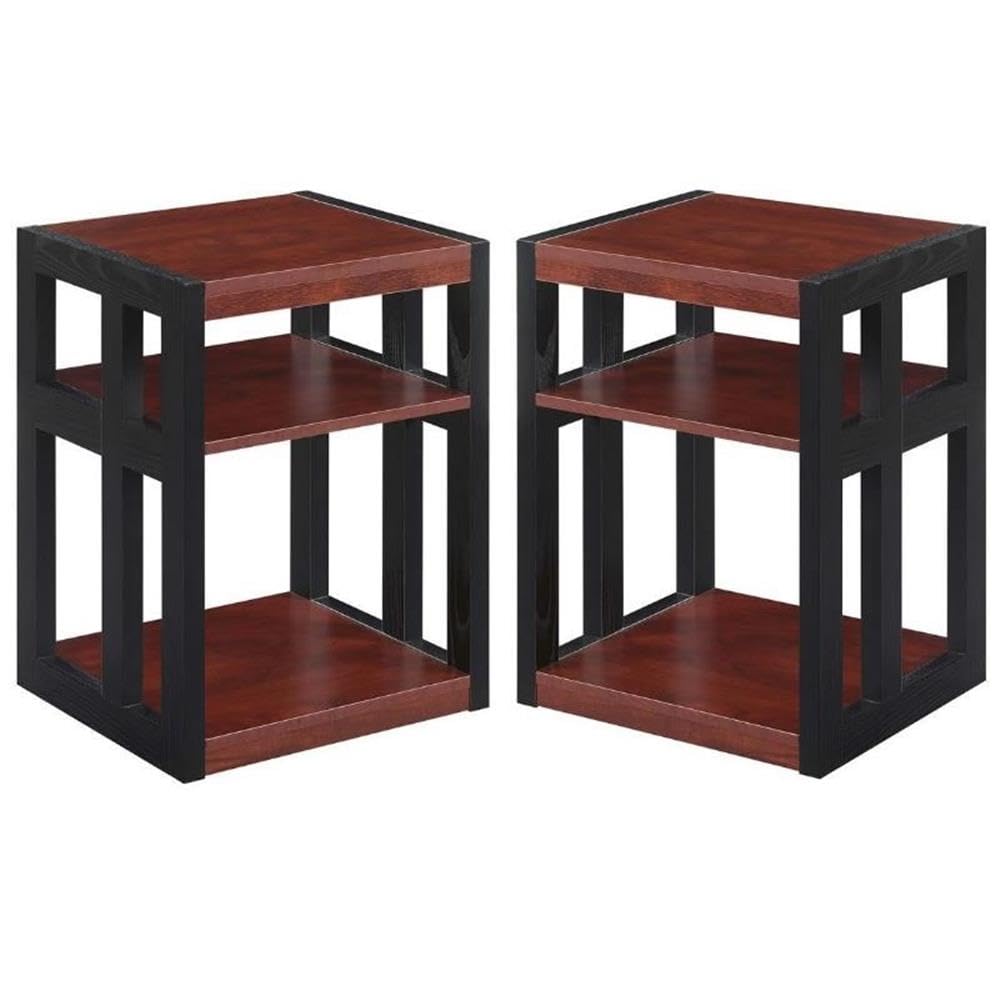 Stylish Warm Cherry Wood End Table with Shelves - Set of 2 for Living Room, Bedroom & Office Decor