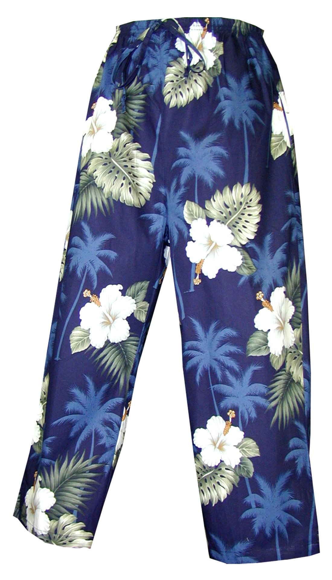 Pacific Legend Women's White Hibiscus Monstera Print Capri Pants in Navy Blue - Size S | Tropical Summer Casual Wear for Beach Vacation & Yoga