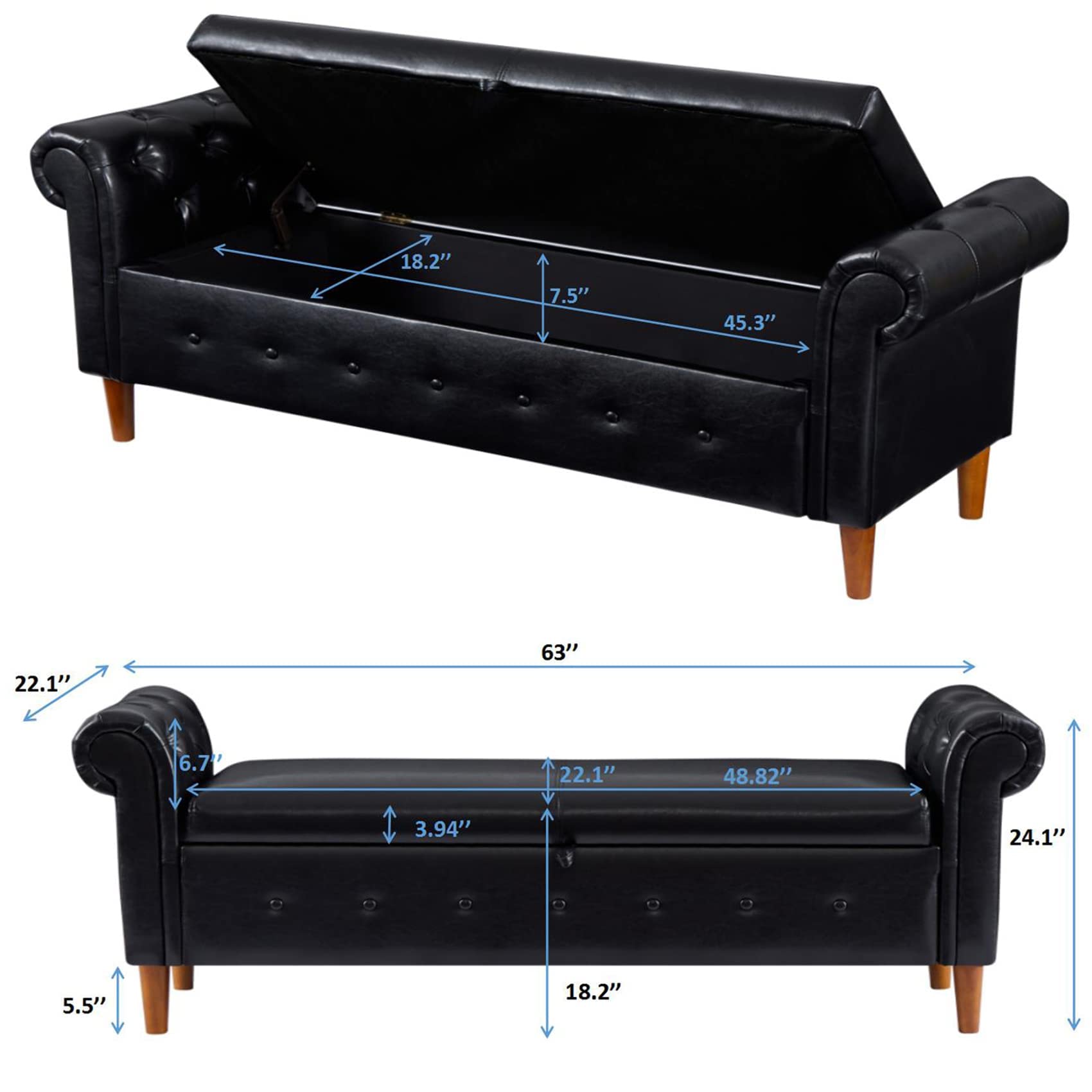 Aoowow Black PU Leather Storage Bench with Rolled Arms - Ottoman Seat for Bedroom, End of Bed, Window Sitting, Fireplace, Toy Storage | Durable & Stylish Home Decor