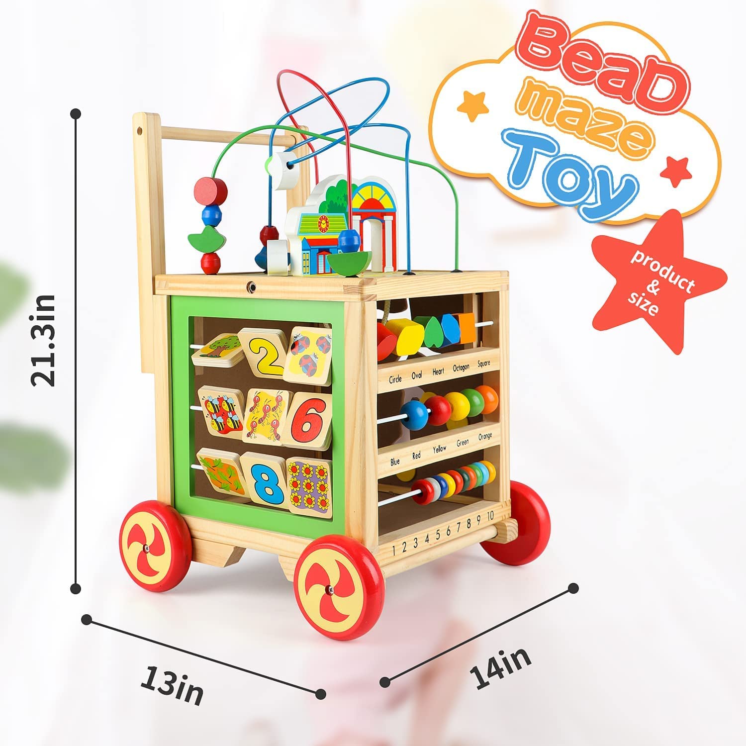 Wondertoys 6-in-1 Wooden Activity Cube - Bead Maze, Shape Sorter, Abacus & Learning Walker | Educational Baby Push Pull Toy | Perfect Gift for Toddlers 1-3 Years | Great for Early Learning & Motor Skill Development