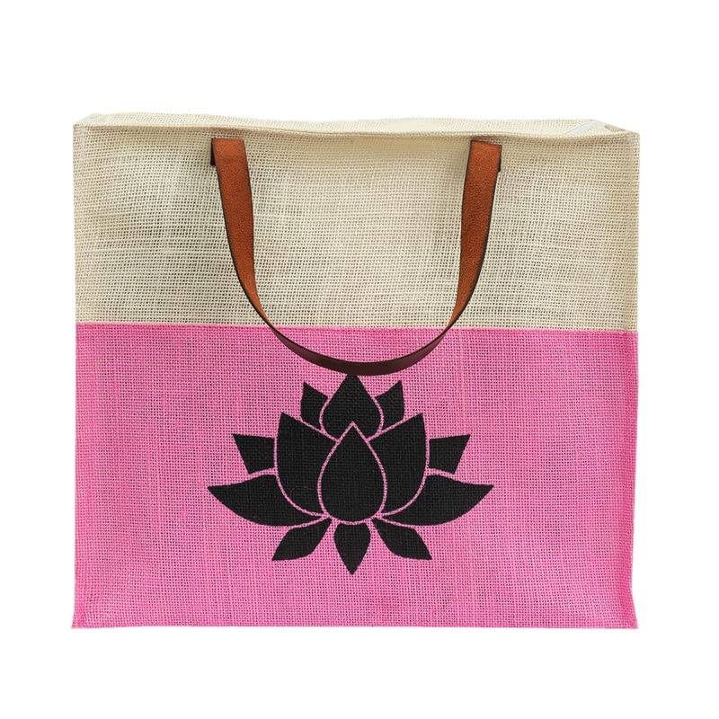 JUTEKA Lotus Print Jute Tote Bag with Leather Handles - Eco-Friendly Reusable Shopping Bag for Grocery, Office, Lunch & Picnic | Perfect for Farmers Market, Work Commute & Outdoor Activities