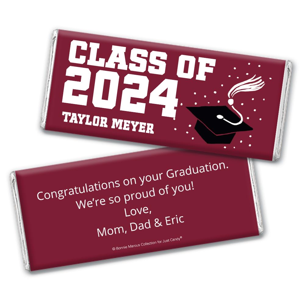 Personalized Graduation Chocolate Bars (12 Count) - Custom Candy Favors for Graduation Parties, Bulk Maroon Wrapped Chocolates - Perfect for Graduation Gifts, School Celebrations & Party Favors