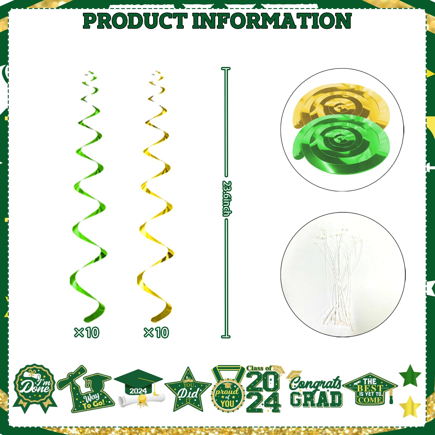 40Pcs Green and Gold Graduation Party Decorations 2024 - Graduation Hanging Swirls, Balloons & Banner Set for Graduation Ceremony, Photo Booth Backdrop & School Celebration Decor