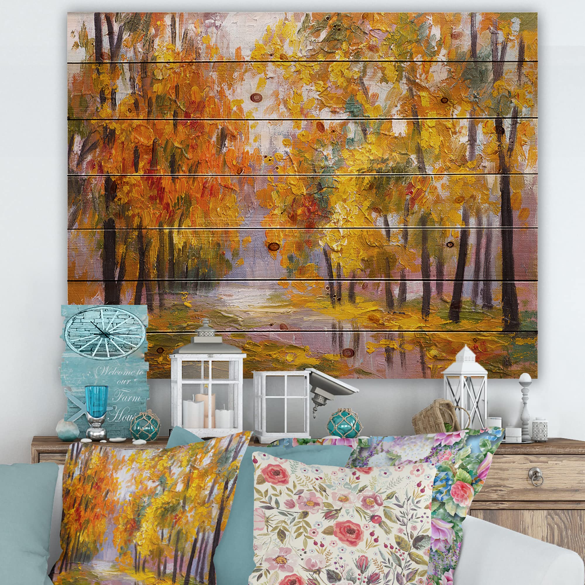 Autumn Lake House Wood Wall Decor - Forest Full of Fallen Leaves Landscape Art, Large Orange Wood Wall Panels Printed on Natural Pine | Perfect for Living Room, Bedroom & Cabin Decor