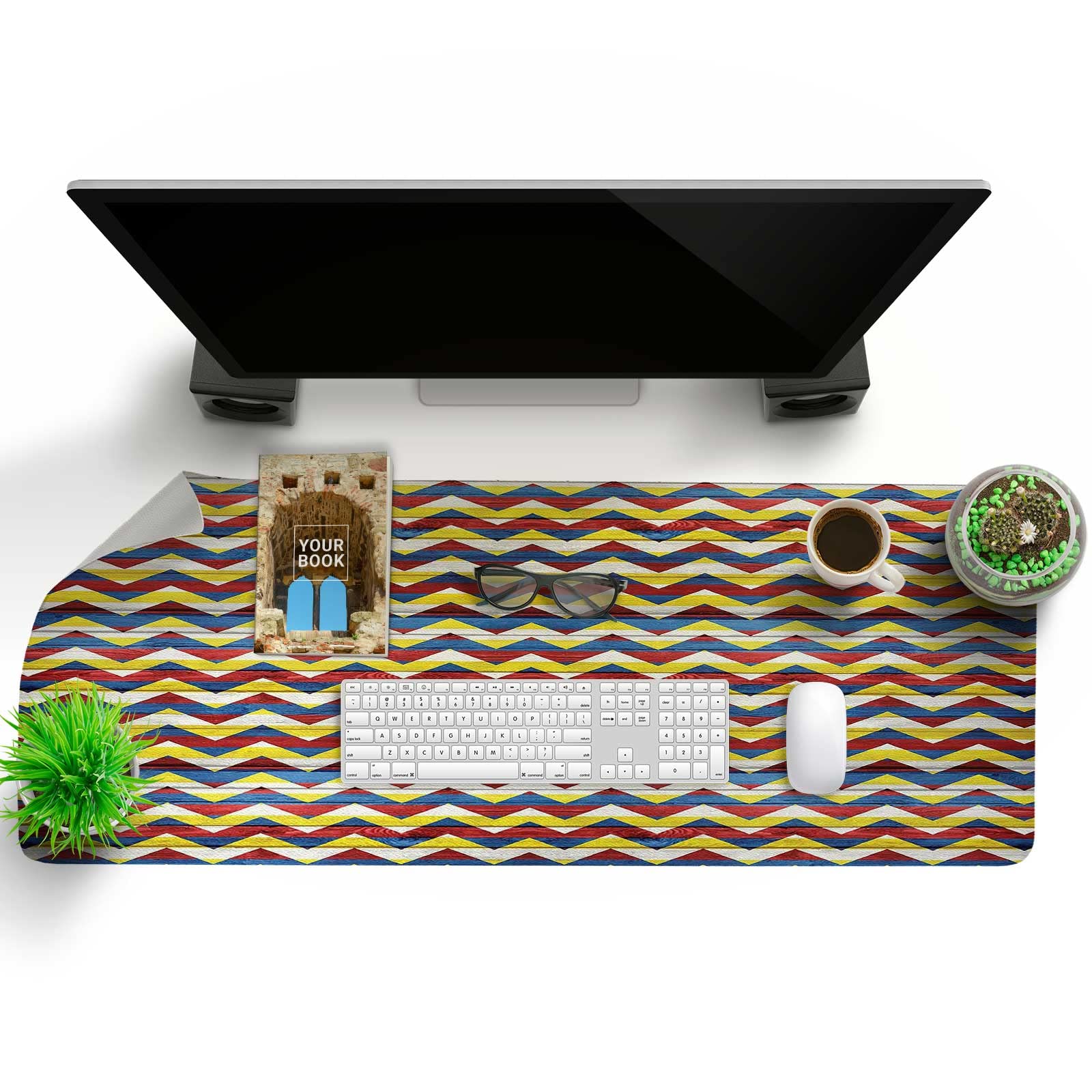 Premium Chevron Leather Desk Pad - Blue, Green & Red Extended Mouse Mat for Home & Office | Non-Slip Work Surface for Laptop, Keyboard & Writing