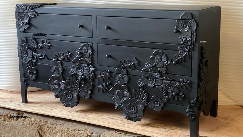 Hand Carved Black Enchantment Six Drawer Dresser - Vintage Wooden Bedroom Furniture for Master Bedroom & Guest Room Organization