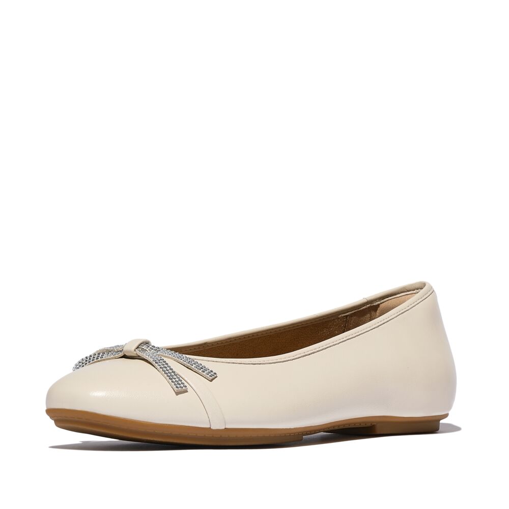 FitFlop Delicato Glitz Bow Leather Ballet Flats for Women - Comfortable & Stylish Paris Beige Shoes | Perfect for Work, Travel & Casual Outfits