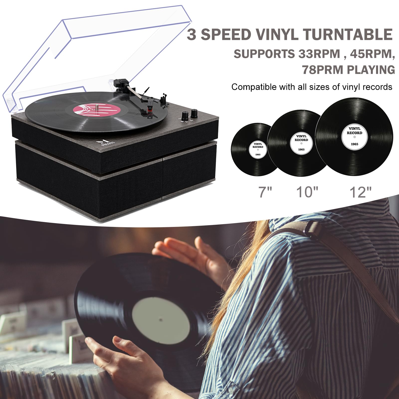 MPK Bluetooth Record Player - 3-Speed Belt-Drive Vinyl Turntable with HiFi Bookshelf Speakers | Wireless Playback & Auto-Stop | Grey Cloth Pattern | Perfect for Home Entertainment & Vinyl Collection