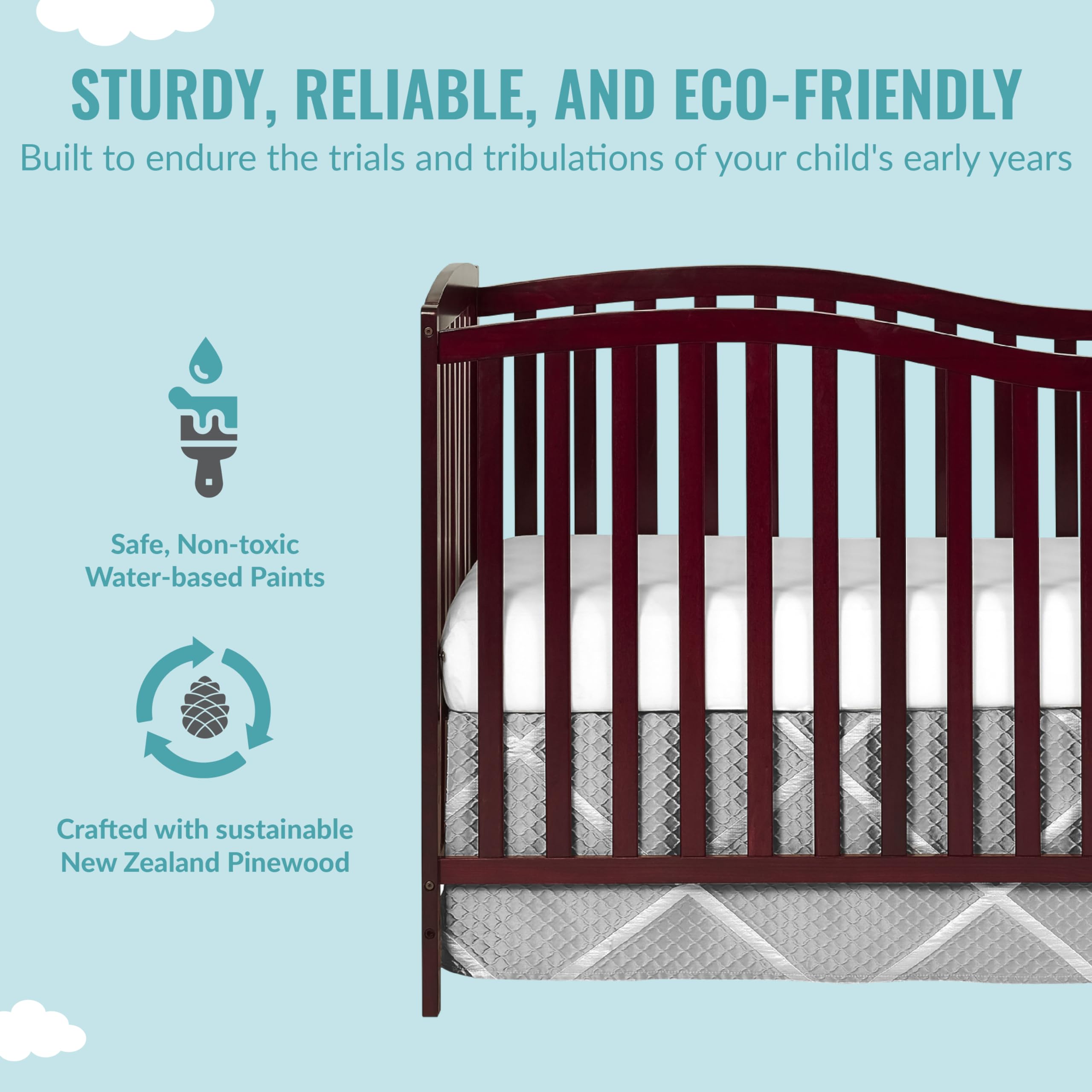 Dream On Me Chelsea 5-in-1 Convertible Crib in Cherry Finish - JPMA Certified Safe Nursery Furniture for Baby & Toddler | Perfect for Modern Nurseries & Daycare Centers