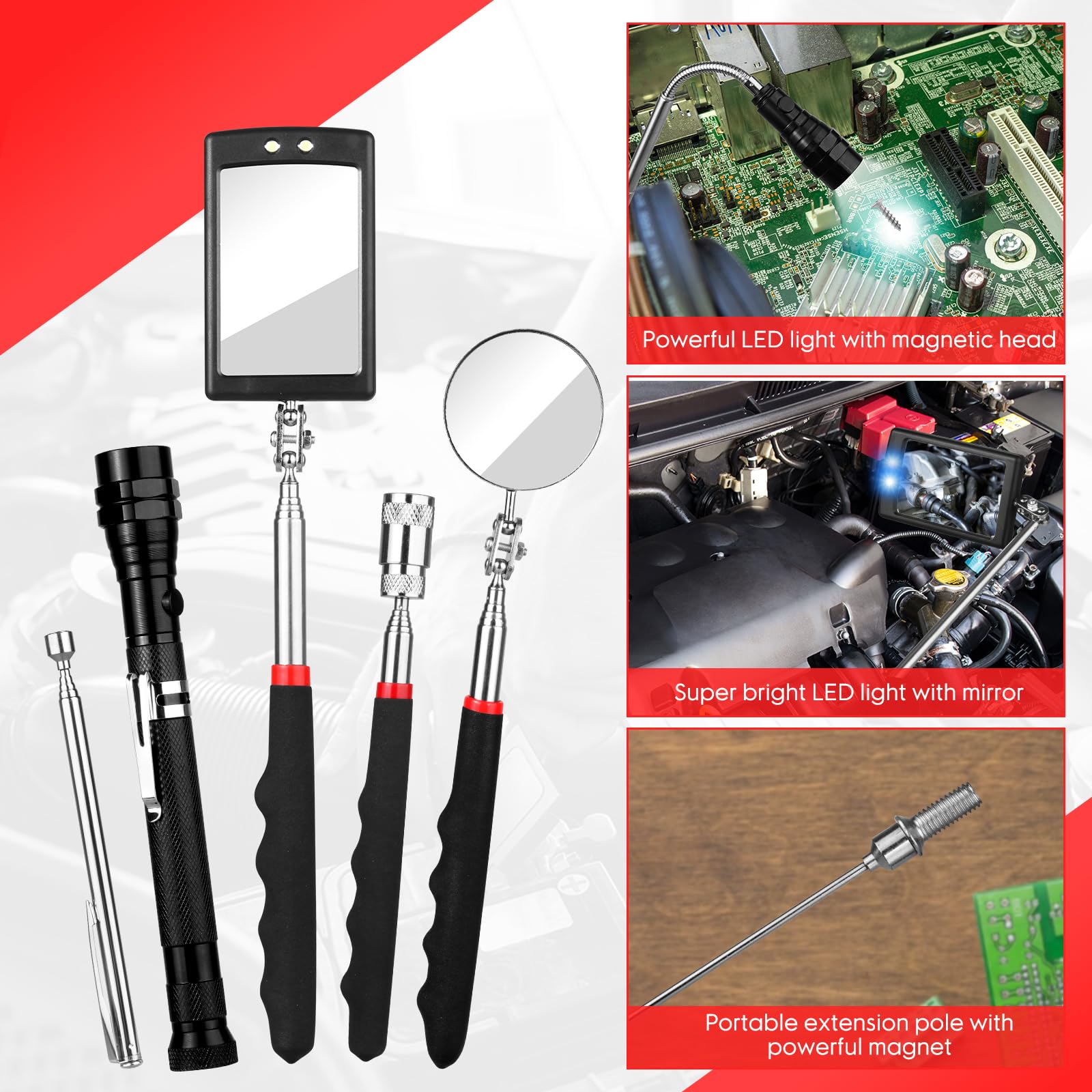 Extendable Magnetic Pickup Tool Set with LED Flashlight & Inspection Mirror - Telescoping Magnetic Grabber for Mechanics, Handymen, DIYers - Perfect Gift for Father, Husband, Boyfriend - Ideal for Auto Repair, Workshop & Home Maintenance