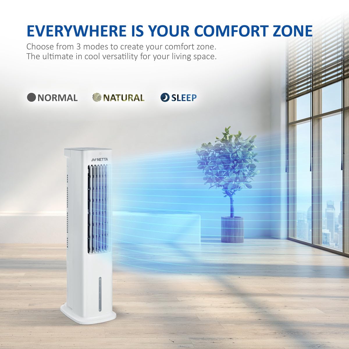 NETTA 5L Portable Air Cooler with Remote Control - 3 Fan Speeds, 3 Modes & Humidifier | High Power Evaporative Cooling for Home, Office & Bedroom | Includes 2 Ice Packs & Auto Oscillation (55W) - Perfect for Summer, Indoor Use & Personal Cooling