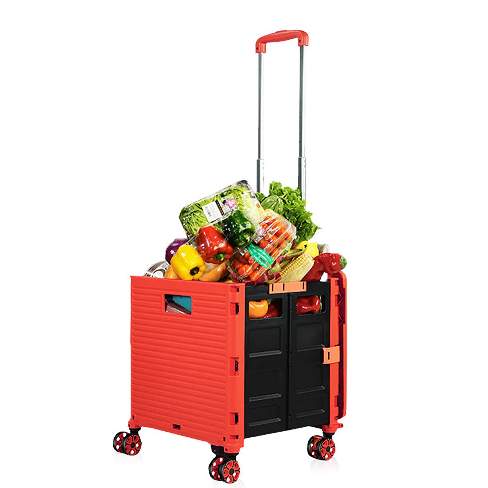 Heavy Duty Folding Plastic Storage Box with Wheels - Portable Collapsible Utility Cart with Telescoping Handle & 4 Rotating Wheels - Red - Ideal for Travel, Moving, Storage & Home Organization