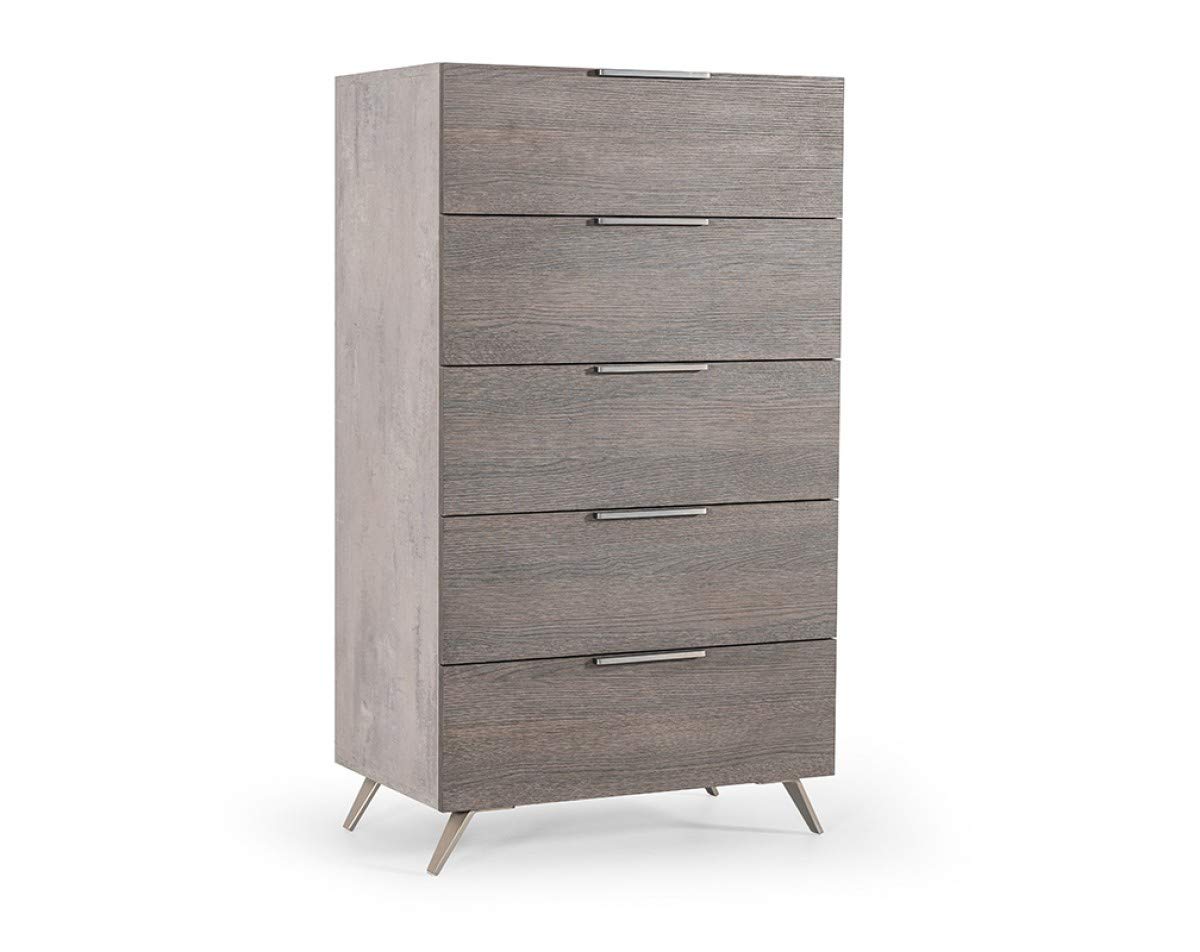 Modern Italian Matte & Faux Concrete Laminate Dresser with 5 Soft-Closing Drawers - Stainless Steel Handles & Legs - Gray - Limari Home Abele Collection - Perfect for Contemporary Bedroom, Guest Room or Apartment Decor