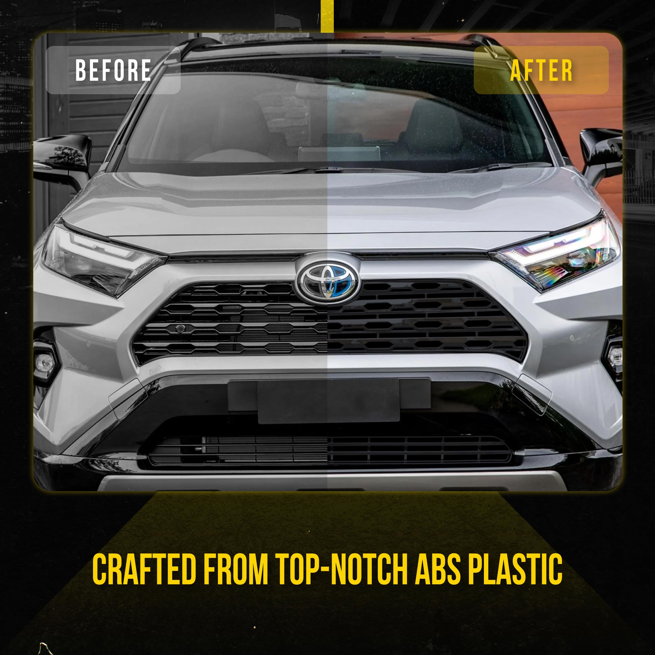 Black Chrome Delete Front Grille Overlay for 2019-2023 Toyota RAV4 LE XLE & Premium - Easy No-Tool Installation with Secure Adhesive Tape (Excludes Proximity Sensor) | US Patented | Upgrade Your RAV4's Sporty Look for Daily Commute & Road Trips