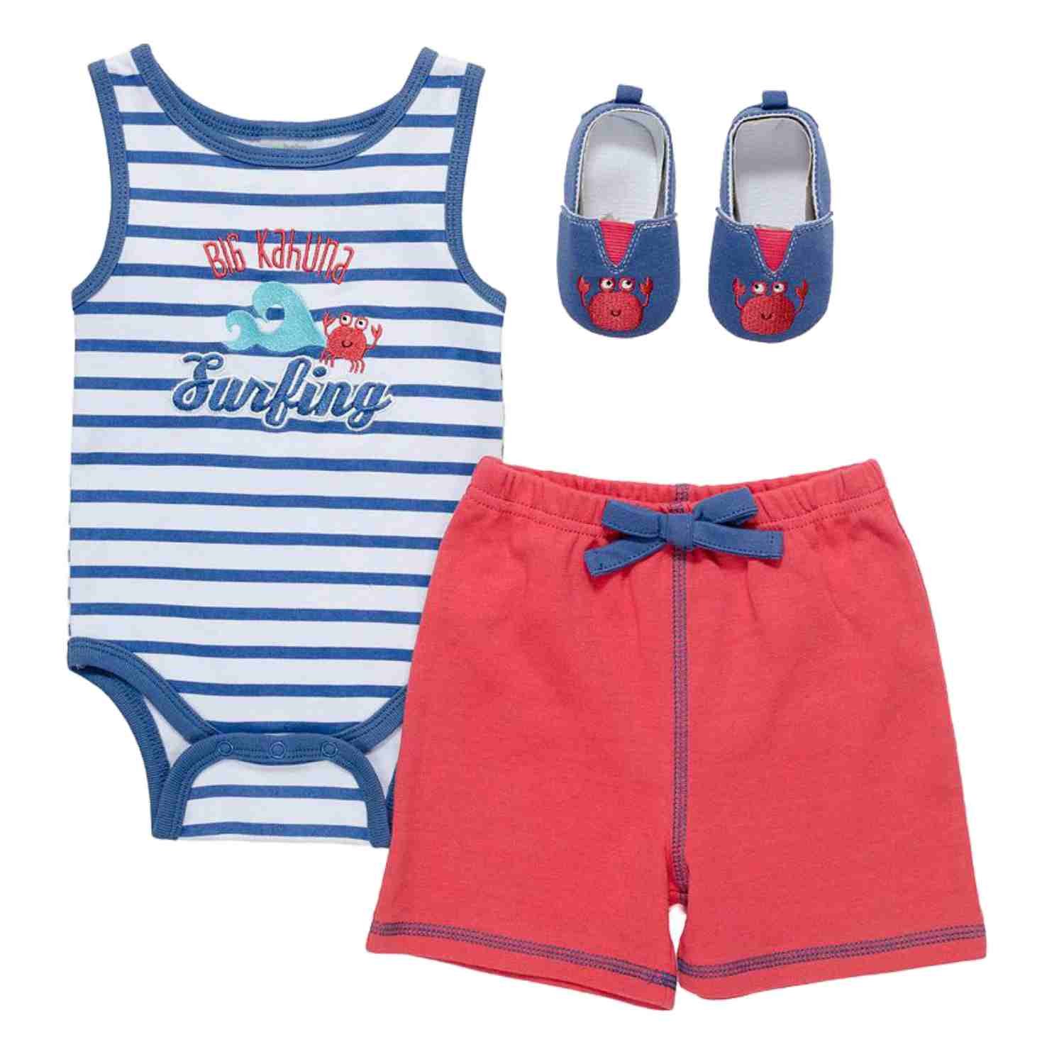 Baby Boys 3-Piece Surfing Outfit - Big Kahuna Bodysuit, Shorts & Shoes 3-6M for Beach Play