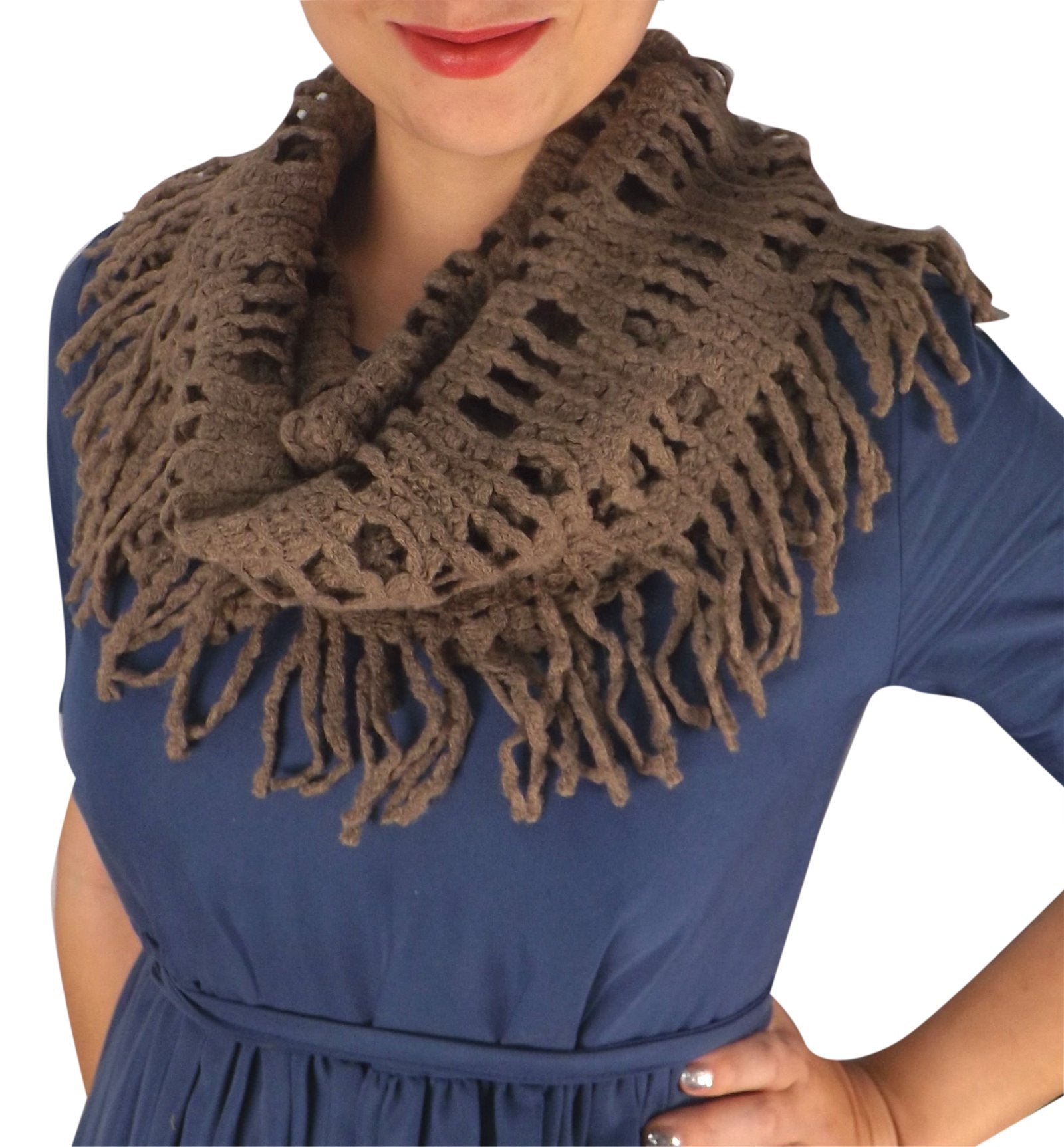 Cozy Winter Knit Infinity Scarf with Long Fringe - Soft Rectangular Pattern Loop Scarf for Women - Perfect for Cold Weather, Outdoor Activities and Fashion Accessories