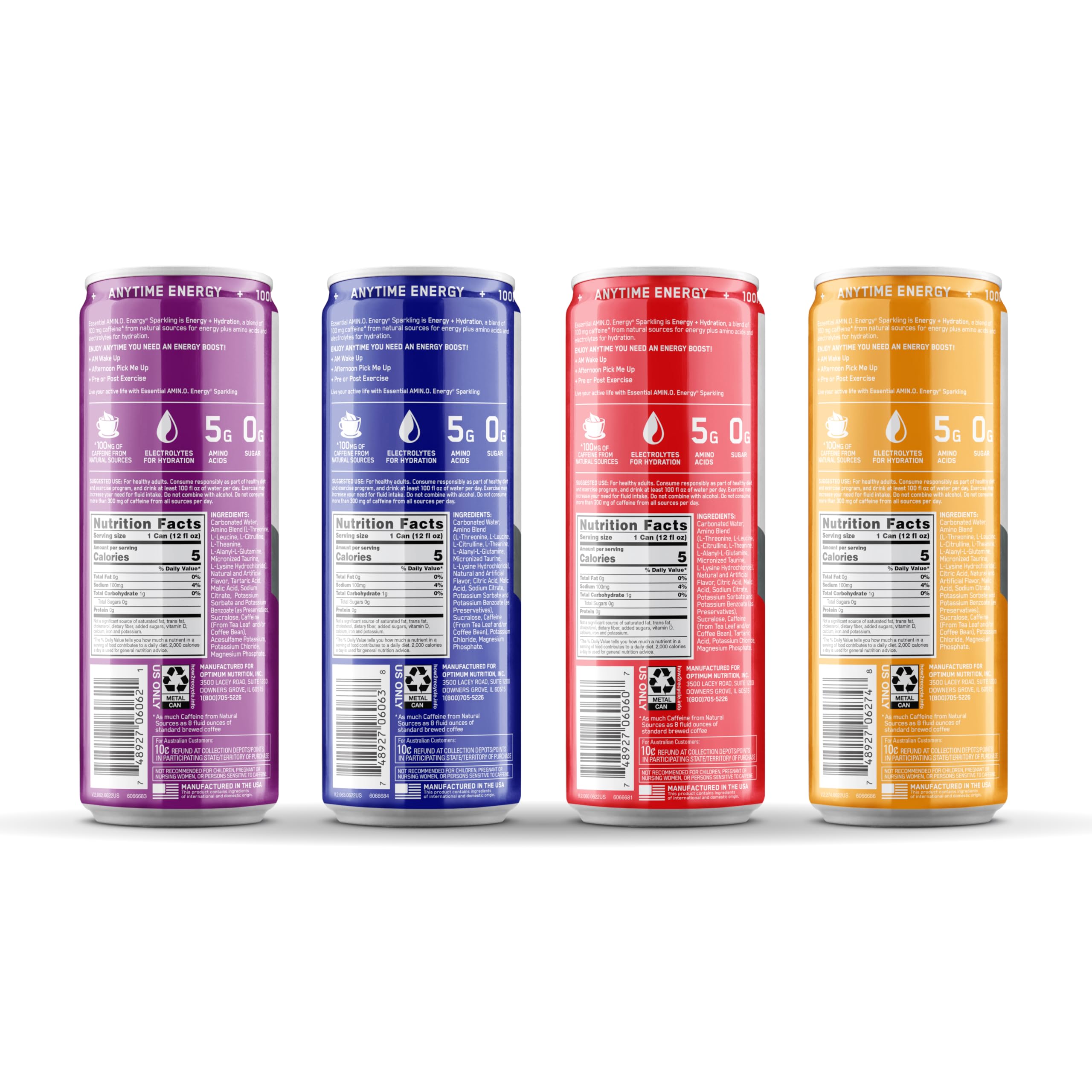 Optimum Nutrition Amino Energy Sparkling Hydration Drink with Electrolytes & Caffeine - Sugar Free BCAA Amino Acid Supplement - 12 Fl Oz Variety Pack of 12 Cans - Perfect for Workout Recovery, Energy Boost & Post-Exercise Hydration