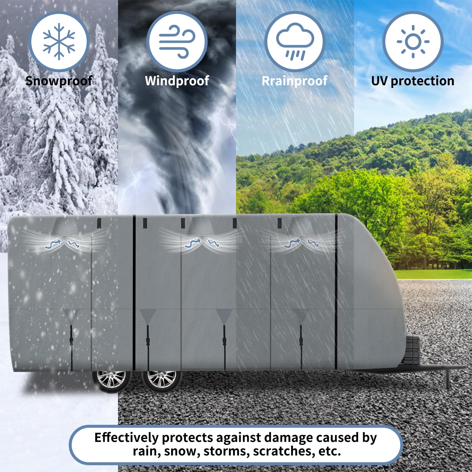 Heavy Duty 20-22 FT RV Cover - Waterproof, Rip-Resistant, UV Protection Camper Cover with Windproof Straps for Winter Snow Protection | Ideal for Outdoor Storage, Travel Trailers, and Camper Vans