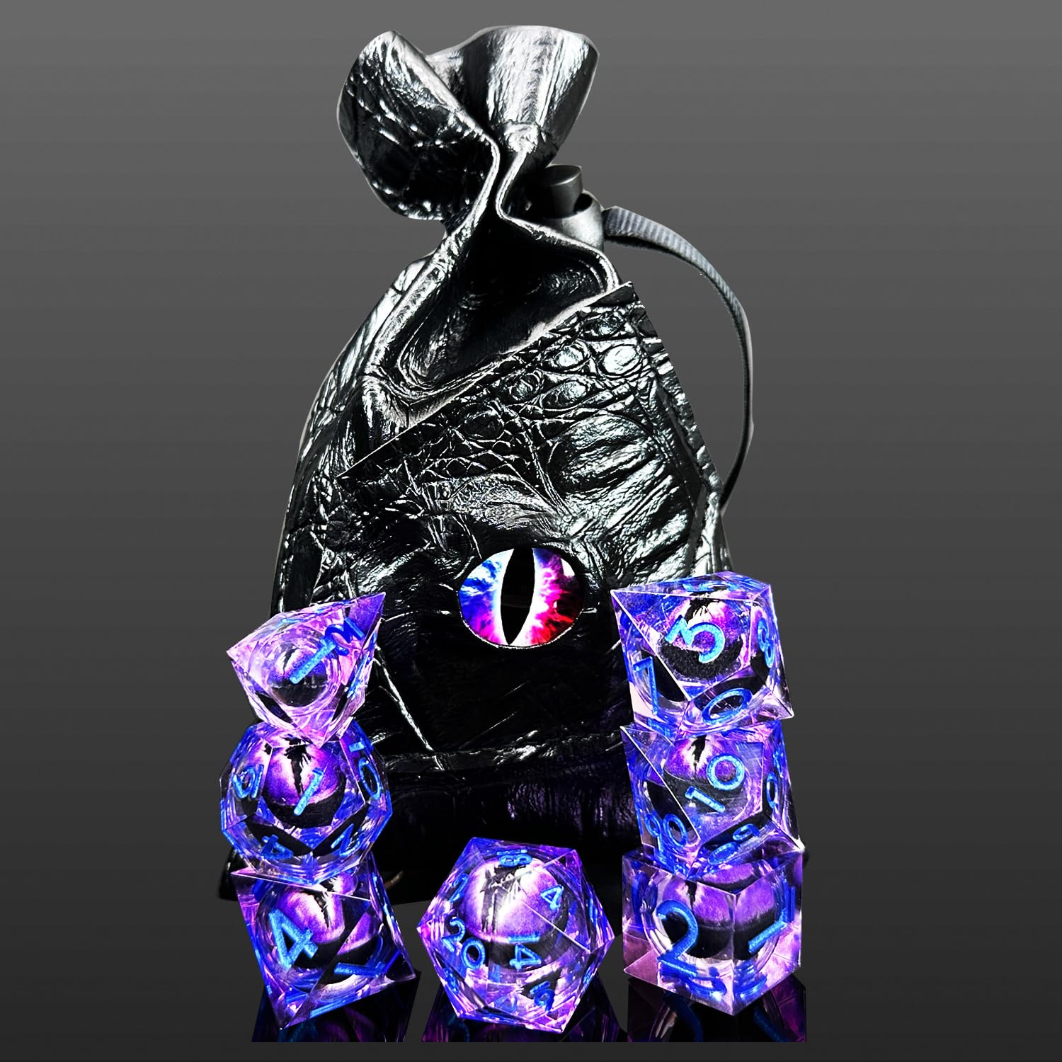 HAOMEJA 7-Piece Resin Dragon Eye DND Dice Set - Sharp Edge Polyhedral RPG Dice for Dungeons & Dragons (D20, D12, D10, D100, D8, D6, D4) with Storage Bag - Perfect for Tabletop Gaming, D&D Campaigns & Fantasy Roleplaying (Purple & Eye Purple)