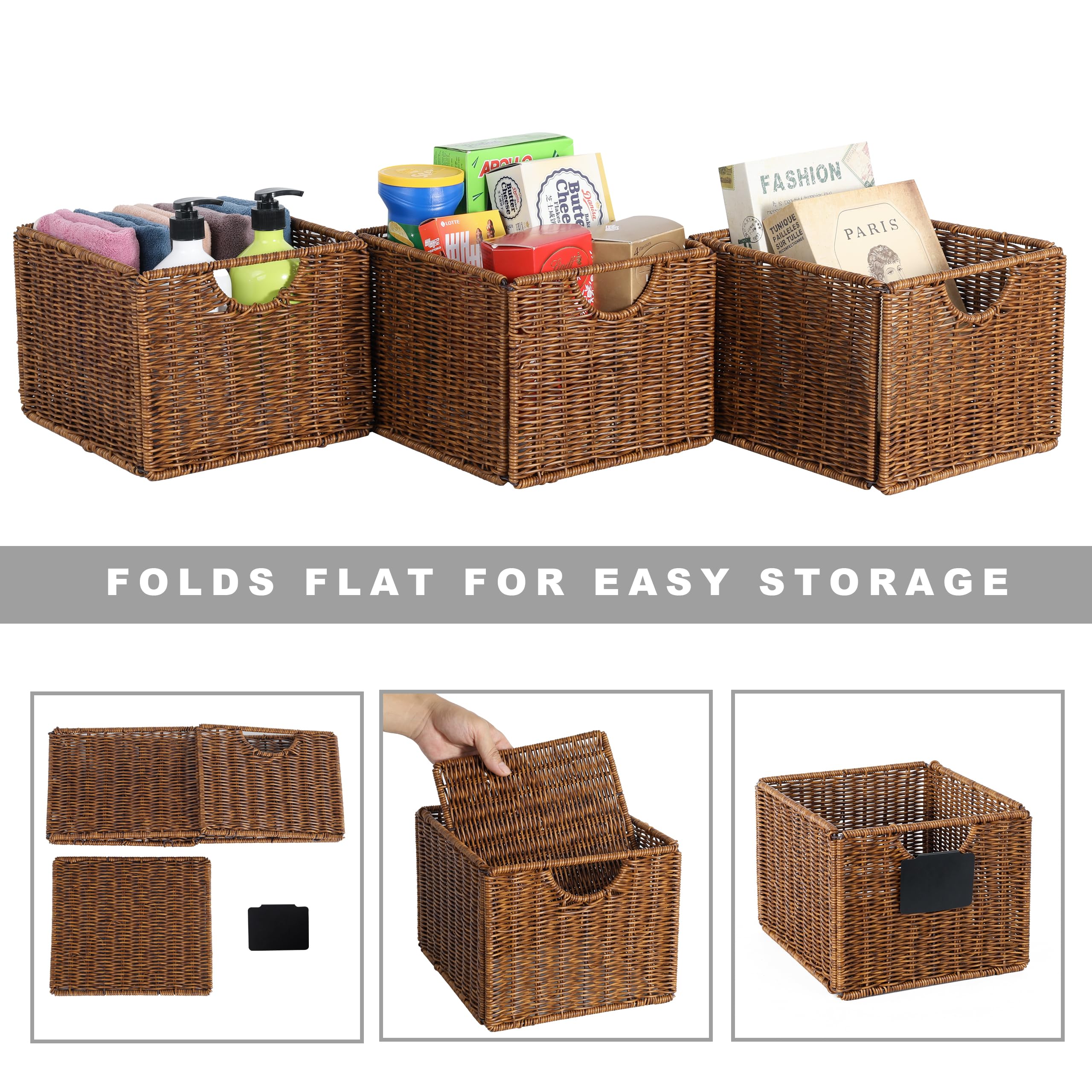 Natural Brown Wicker Storage Baskets with Labels - 10.5 x 9 x 7.5 Inch Foldable Plastic Woven Bins for Shelves, Pantry & Closet Organization - Perfect for Kitchen, Bathroom & Laundry Room Storage Solutions