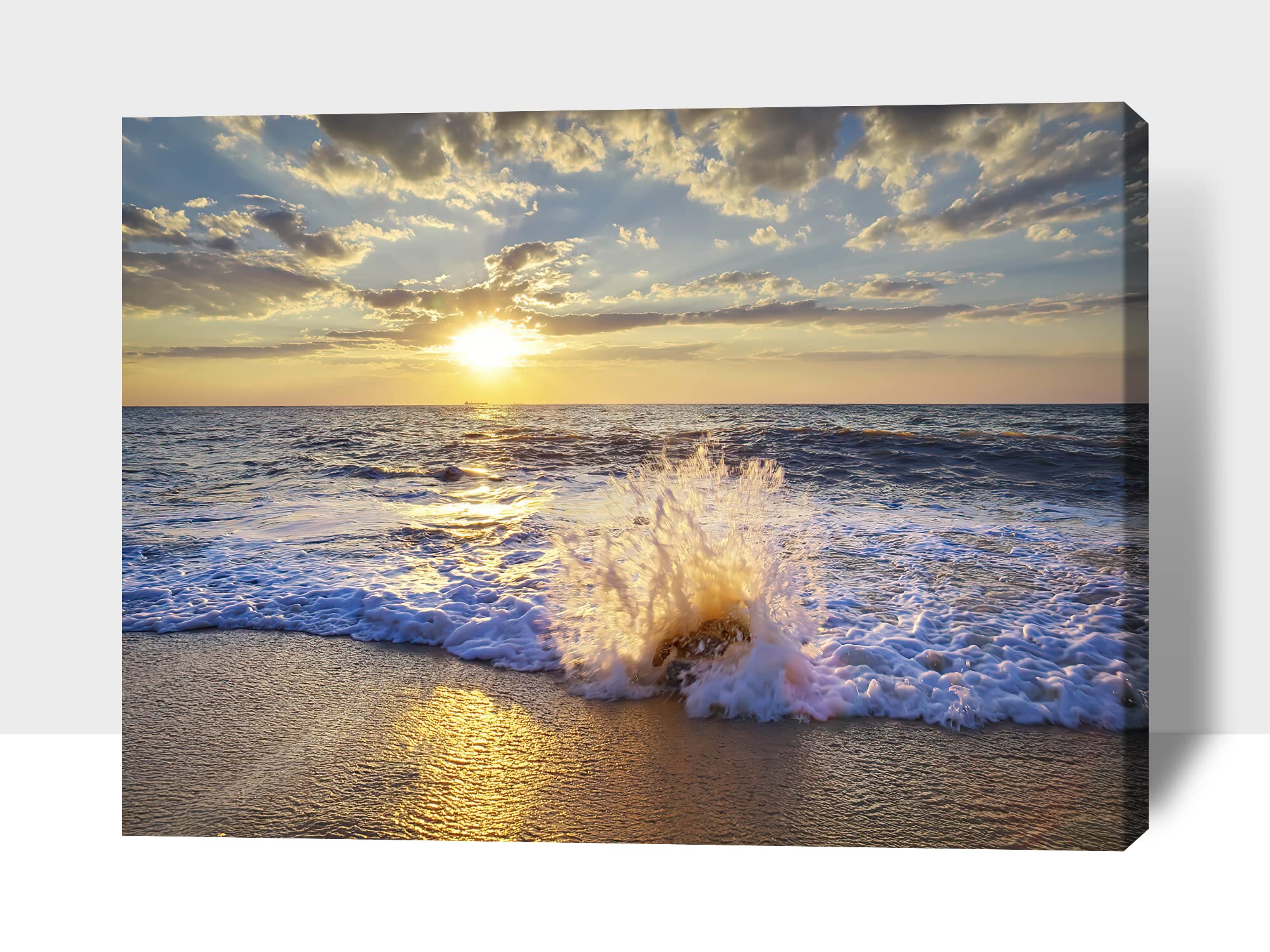 Sunset Beach Canvas Wall Art - Ocean Wave Pictures for Bathroom & Bedroom Decor - 32x48 Inches Coastal Themed Wall Decor - Perfect for Beach House, Bathroom, Living Room & Office Spaces