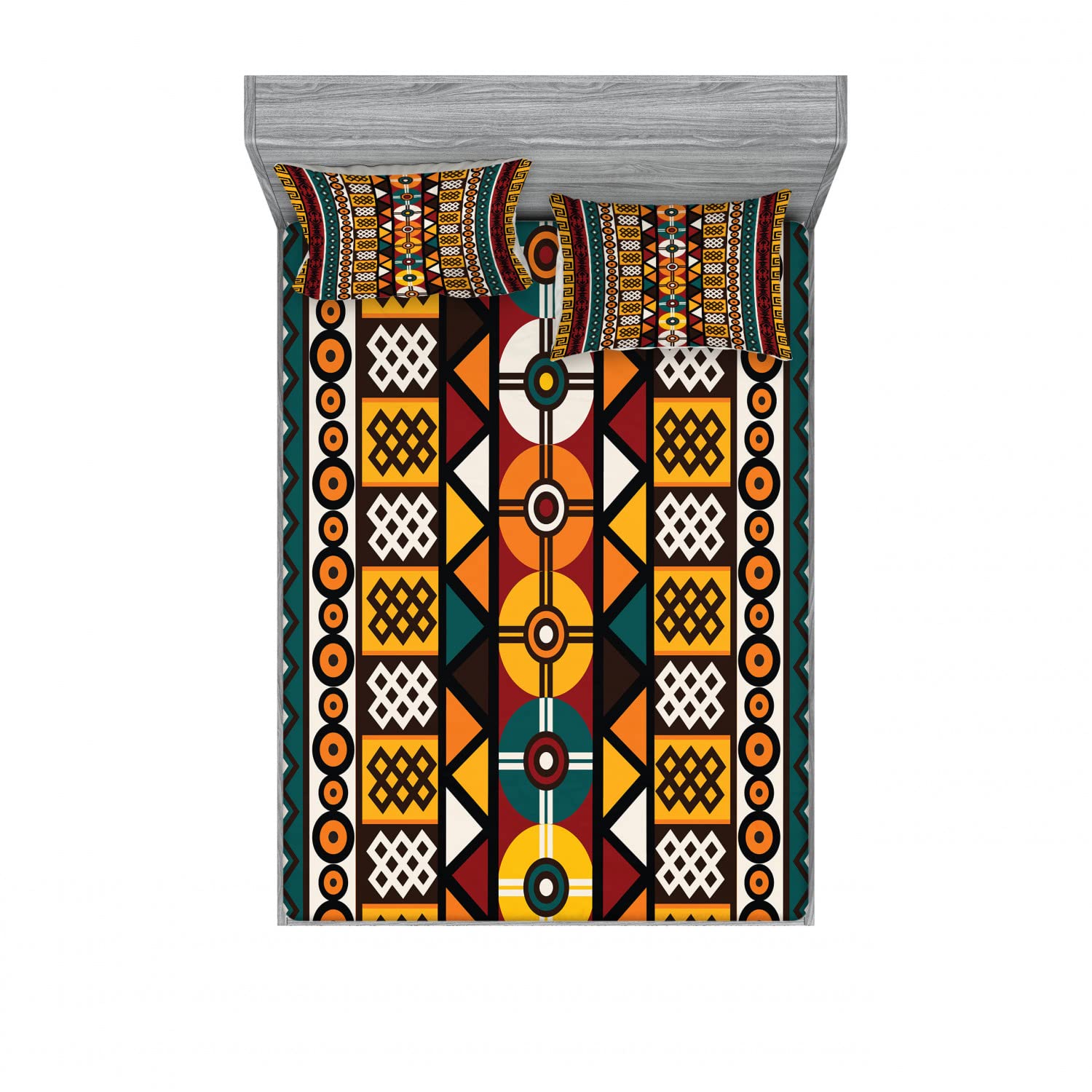 Ambesonne Kente Pattern 2-Piece King Size Fitted Sheet Set with 4 Pillow Shams - Prehistoric Tribal Border Design Multicolor Bedding Collection for Modern & Bohemian Home Decor | Perfect for Guest Rooms, Master Bedrooms and Vacation Homes