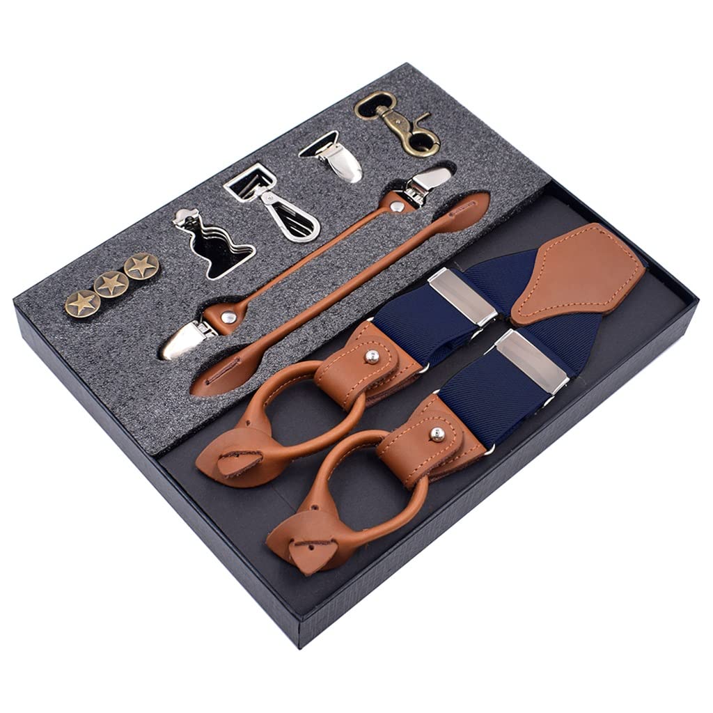 Vintage Leather Suspenders for Men - Adjustable Elastic Clip-On Suspenders with Button Hook - Perfect Father's Day & Husband Gift (Blue, One Size) - Ideal for Weddings, Business Attire & Casual Outfits