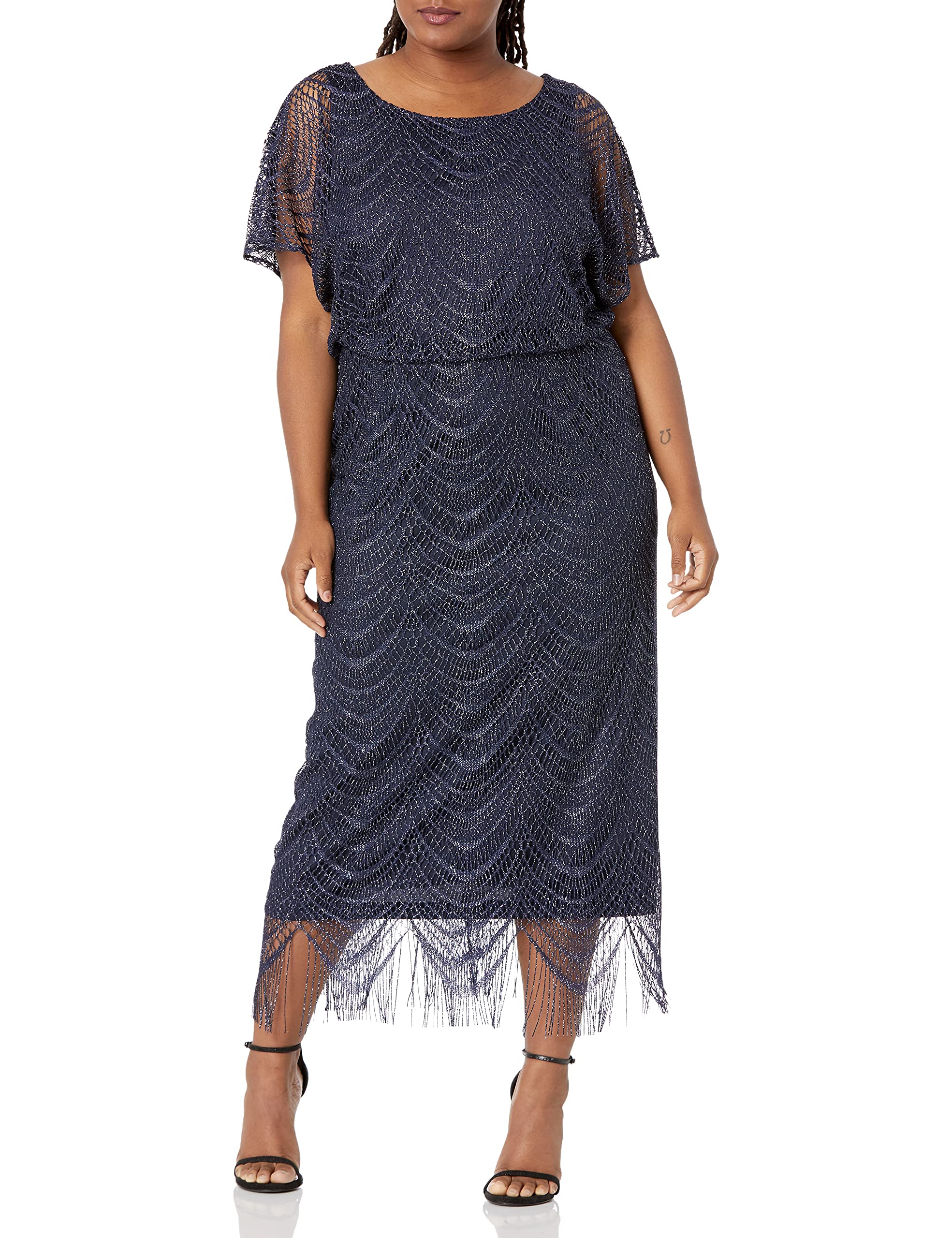 S.L. Fashions Women's Plus Size Metallic Blouson Crochet Dress - Elegant Party & Evening Wear for Women | Comfortable & Stylish Plus Size Dresses for Special Occasions