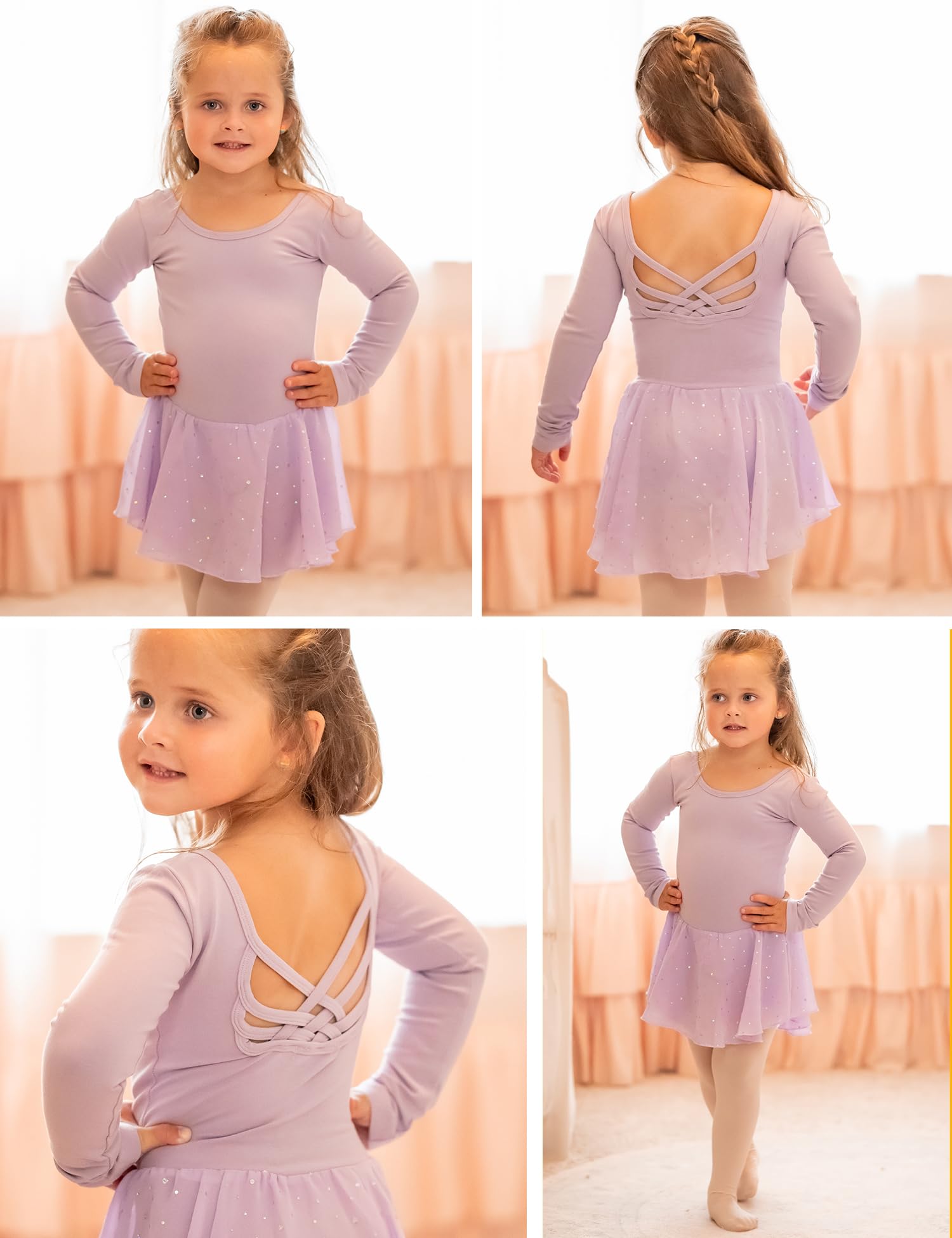 Arshiner Girls Long Sleeve Ballet Leotard with Shiny Skirt & Criss Cross Back - Dance Dress for Ballet, Gymnastics, Recital & Performance