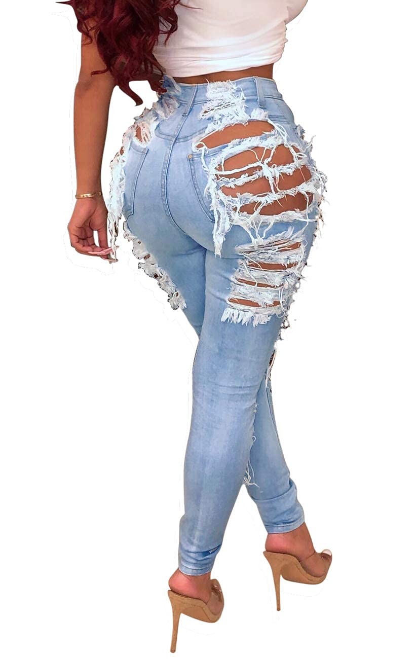 Women's Skinny Ripped Jeans High Waist Stretch Denim Pants - Trendy Distressed Mid Rise Jeans for Casual Wear & Night Out