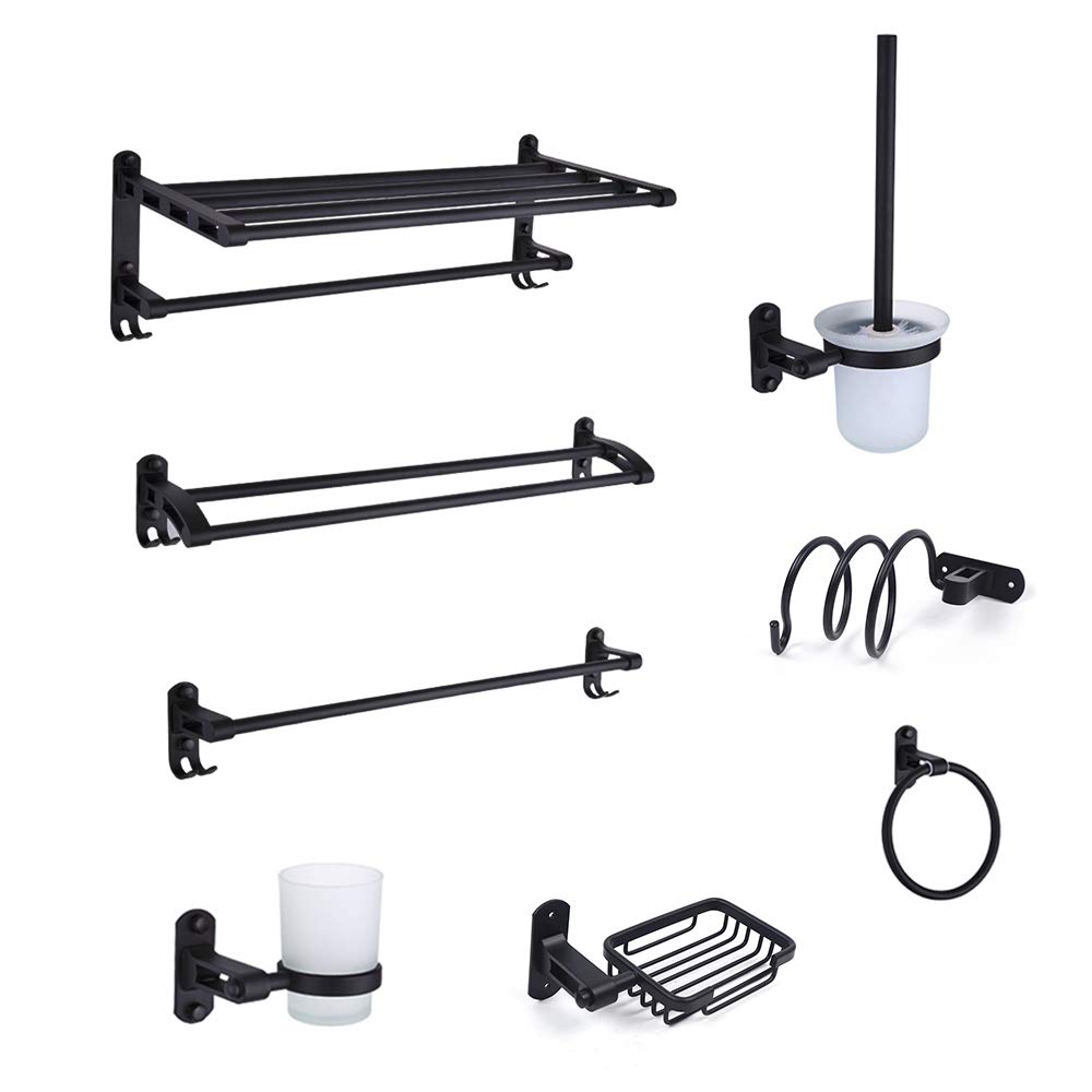 9-Piece Matte Black Bathroom Accessory Set - Wall Mounted Towel Bar with Double Rod, Towel Ring, Hair Dryer Holder, Toilet Paper Holder & Brush Holder - Modern Bathroom Organization for Home & Hotel Use
