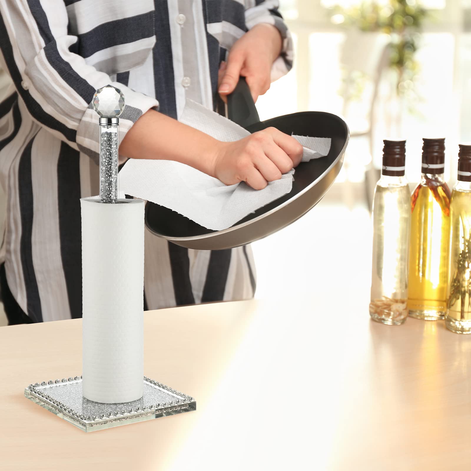 Sparkly Crystal Paper Towel Holder with Diamond Decor - 13 Inch Square Base Standing Towel Roll Stand for Kitchen, Bathroom & Dining Room - Perfect for Home, Office & Restaurant Use