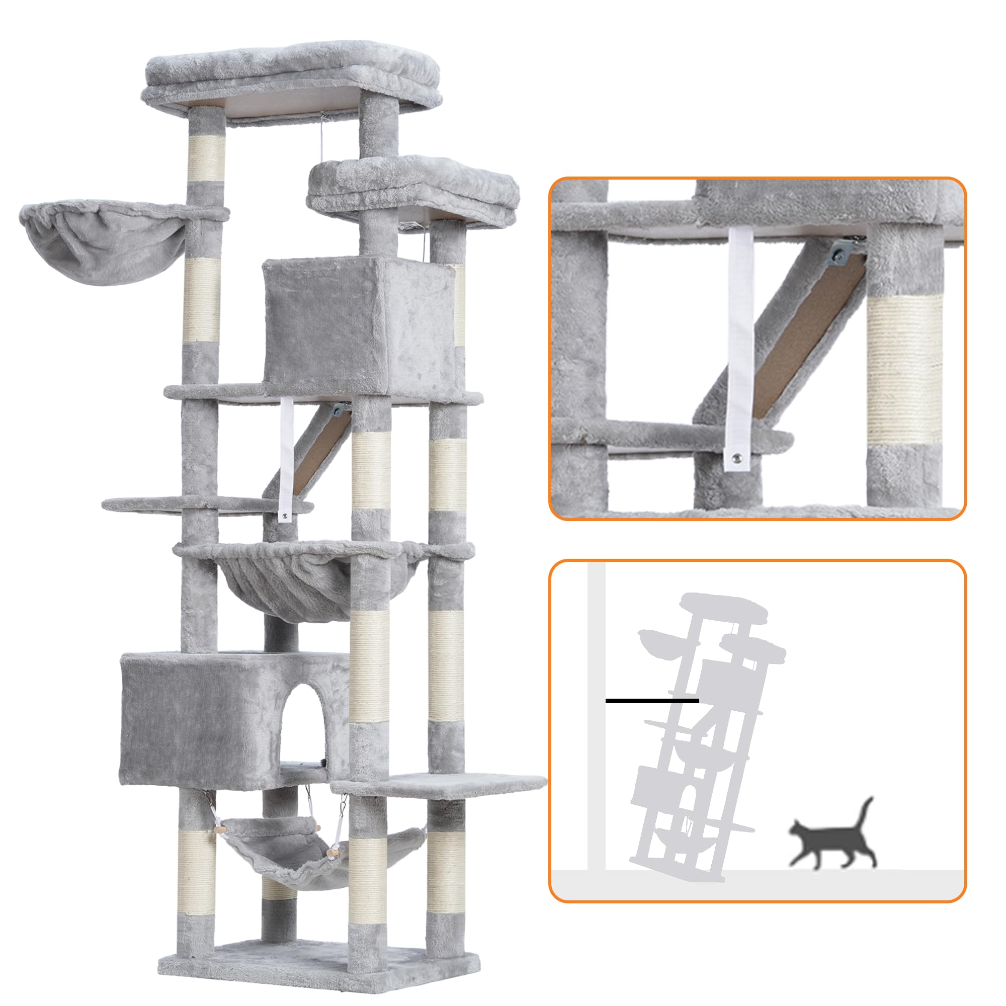 Heybly 71-Inch Tall Cat Tree with 2 Perches, 2 Condos & 2 Hammocks - Multi-Level Cat Tower with Scratching Pad & Basket - Large Indoor Cat Furniture for Play & Rest (Light Gray HCT034W) - Perfect for Small Spaces & Multi-Cat Homes