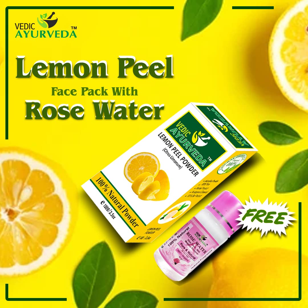 Organic Lemon Peel Powder & Rose Water Face Mask - 100g Lemon Powder + 60ml Free Rose Water - Brightens Skin, Reduces Acne & Dark Spots - Natural Skin Care for Glowing Complexion - Perfect for Daily Skincare Routine & Spa Treatments