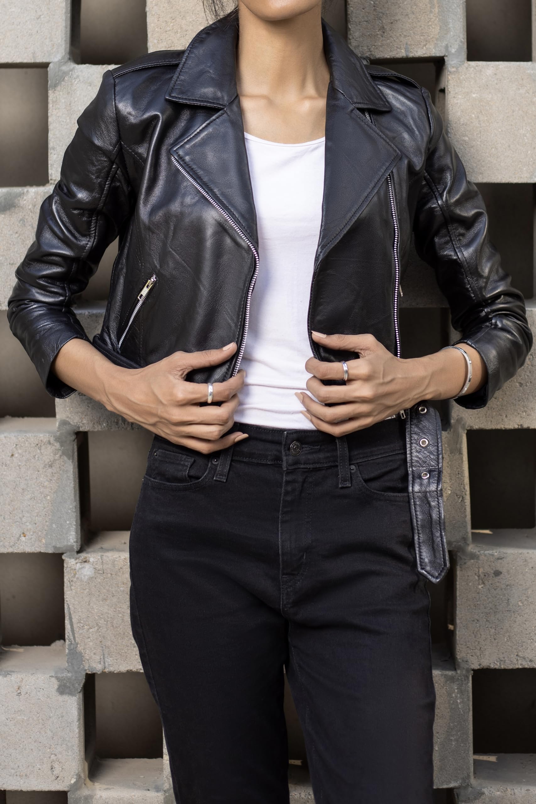 Jild Women's Cropped Leather Jacket - Asymmetric Zip Up Moto Biker Coat with Belt & Lapel Collar | Fashionable Outerwear for Casual Wear, Night Out & Motorcycle Riding