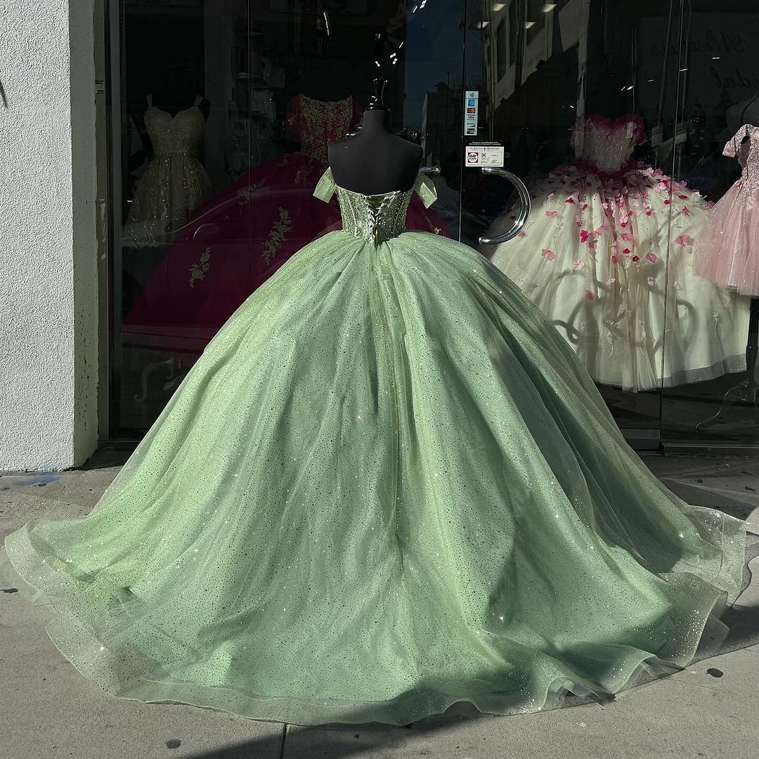 Green Sweet 16 Birthday Party Prom Dress - Off The Shoulder Ball Gown J3104 | Formal Evening Gown for Quinceañera, Homecoming, Wedding Guest & Special Occasions