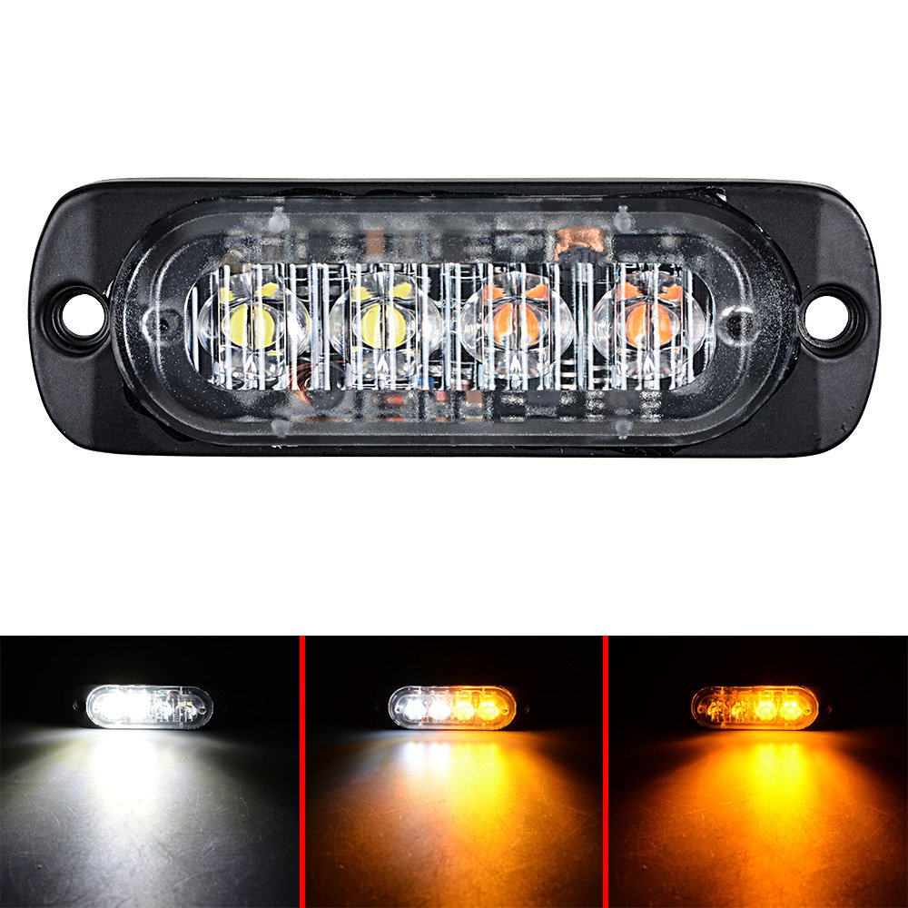 100pcs Amber/White Ultra Slim 12W 4-LED Warning Emergency Strobe Lights for Vehicles - Car, Truck, Jeep, 4x4, ATV, UTV, SUV, Van - Construction Zone Safety & Roadside Emergency Flashing Beacons