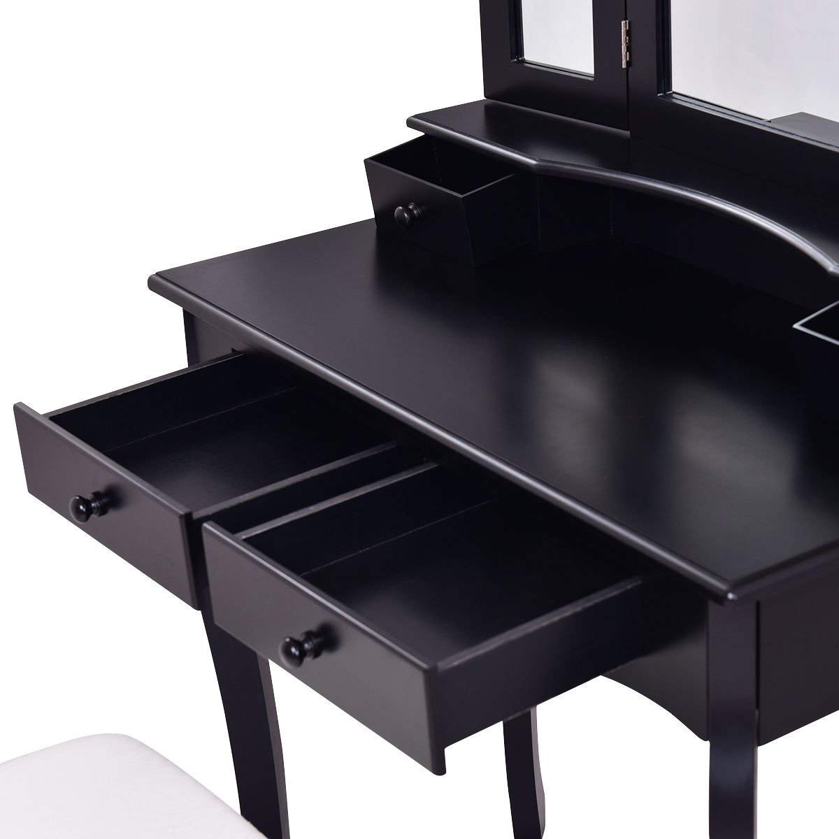 Casart Black Bathroom Vanity Set with Tri-Folding Mirror & Bench - 4 Drawer Dressing Table Makeup Vanity for Home (Perfect for Small Spaces & Bedroom Organization)