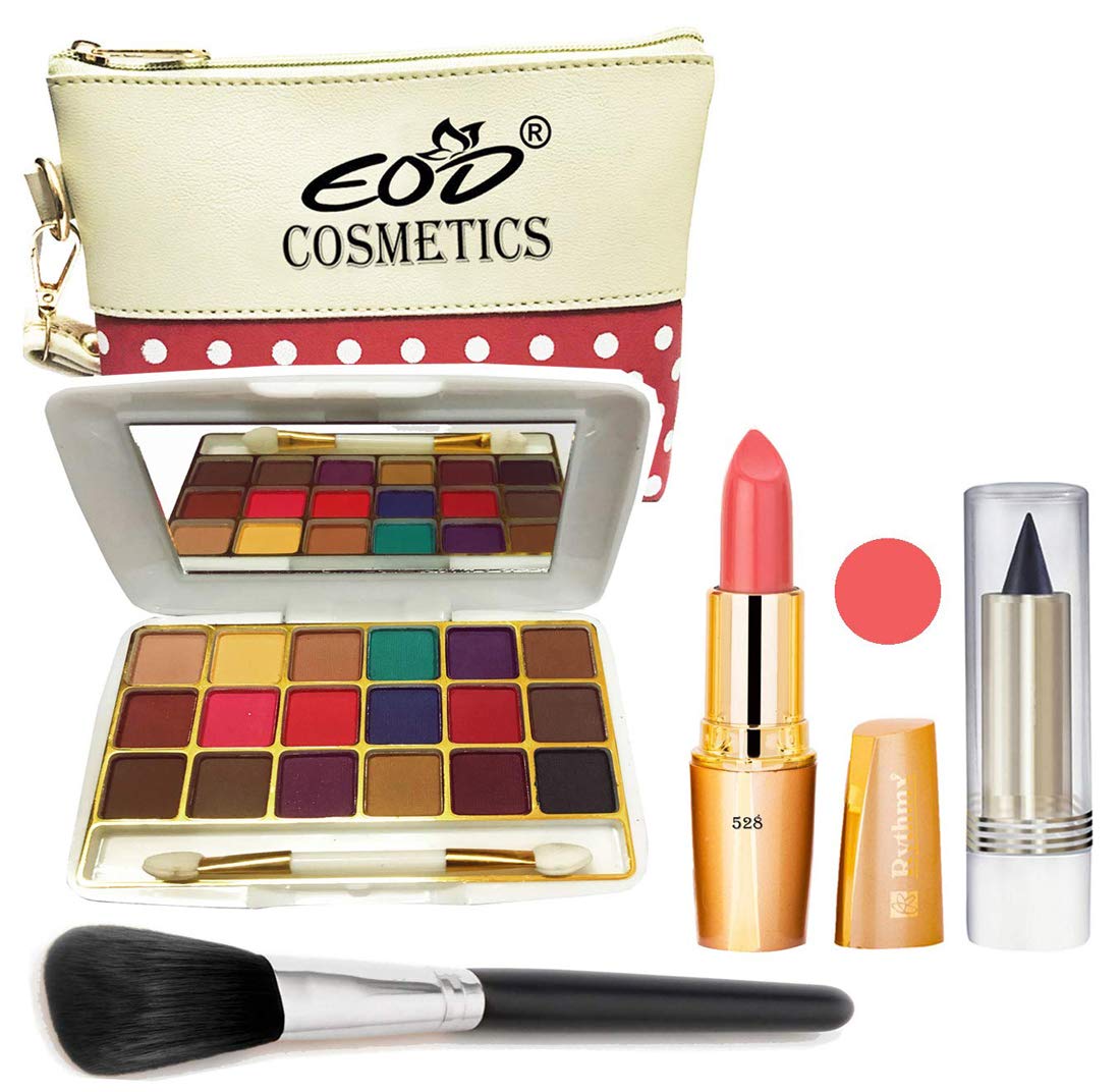 Eod Cosmetics Makeup Kit - 18 Color Eyeshadow Palette, Creamy Matte Lipstick, Makeup Brush & Kajal with Multi-Purpose Pouch (Set of 5) | Perfect for Travel, Parties & Everyday Glam