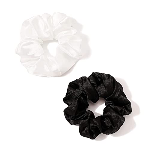 Trendy Club Silk Scrunchies Hair Ties for Women & Girls - No Damage Hair Bands for Thick Hair, Soft Ponytail Holders (2-Pack, Black & White) | Perfect for Workouts, Office, and Everyday Styling