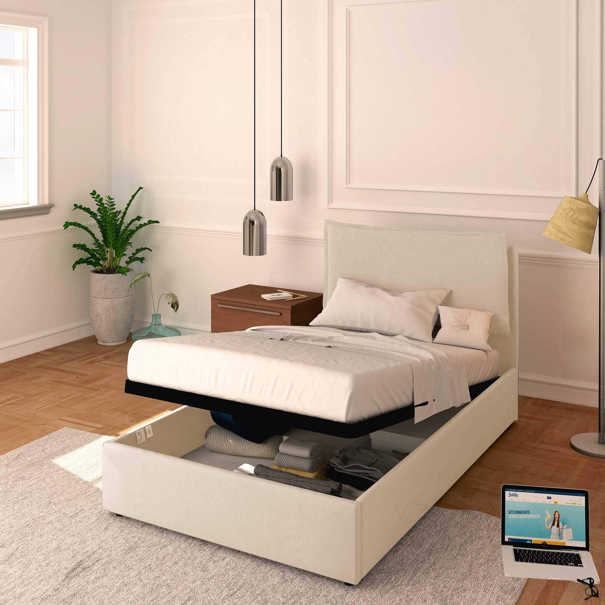Baldiflex Licia Square and Half Bed with Storage, Synthetic Leather Upholstery, Slatted Base for Square and Half Mattresses, 120 x 190 cm, Thin Padded Headboard, White - Perfect for Small Bedrooms, Guest Rooms, and Modern Apartments