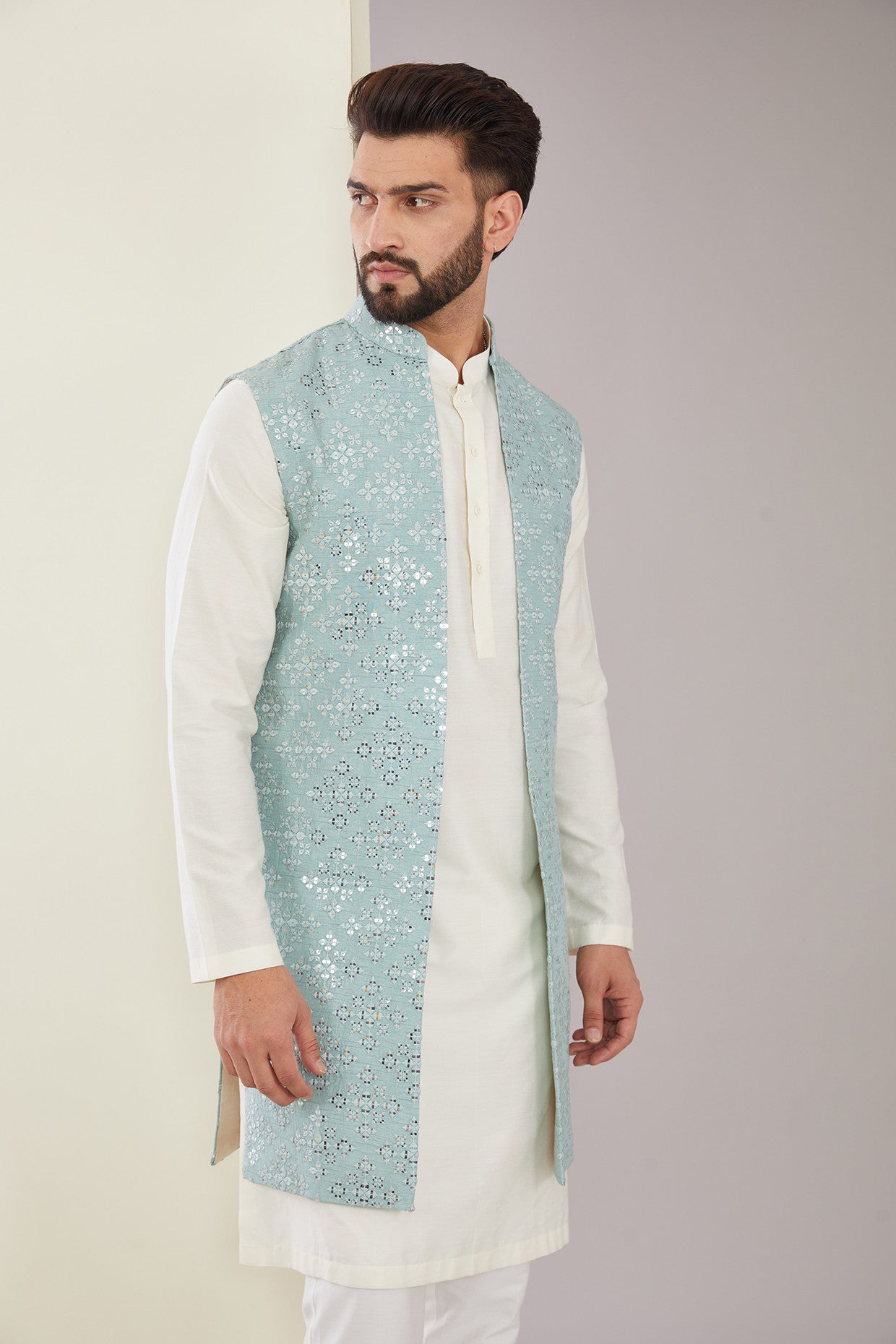 Pastel Blue Mirrorwork Shrug - Elegant Embroidered Bolero for Women | Perfect for Weddings, Parties & Special Occasions