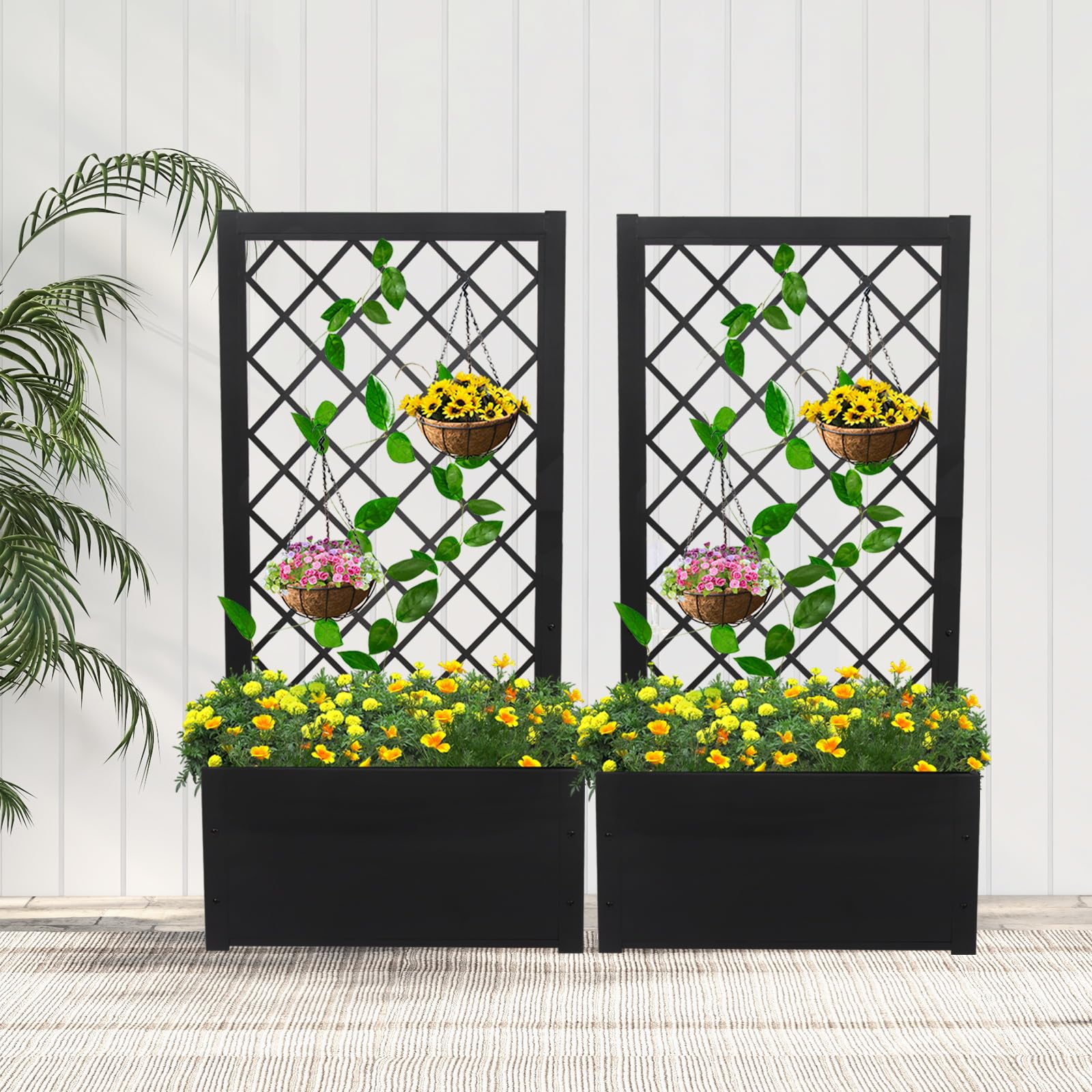 kinbor Metal Raised Garden Bed with Trellis - Set of 2 Black Outdoor Planter Boxes for Climbing Plants, Flowers, Vegetables | Perfect for Patio, Balcony & Backyard Gardening