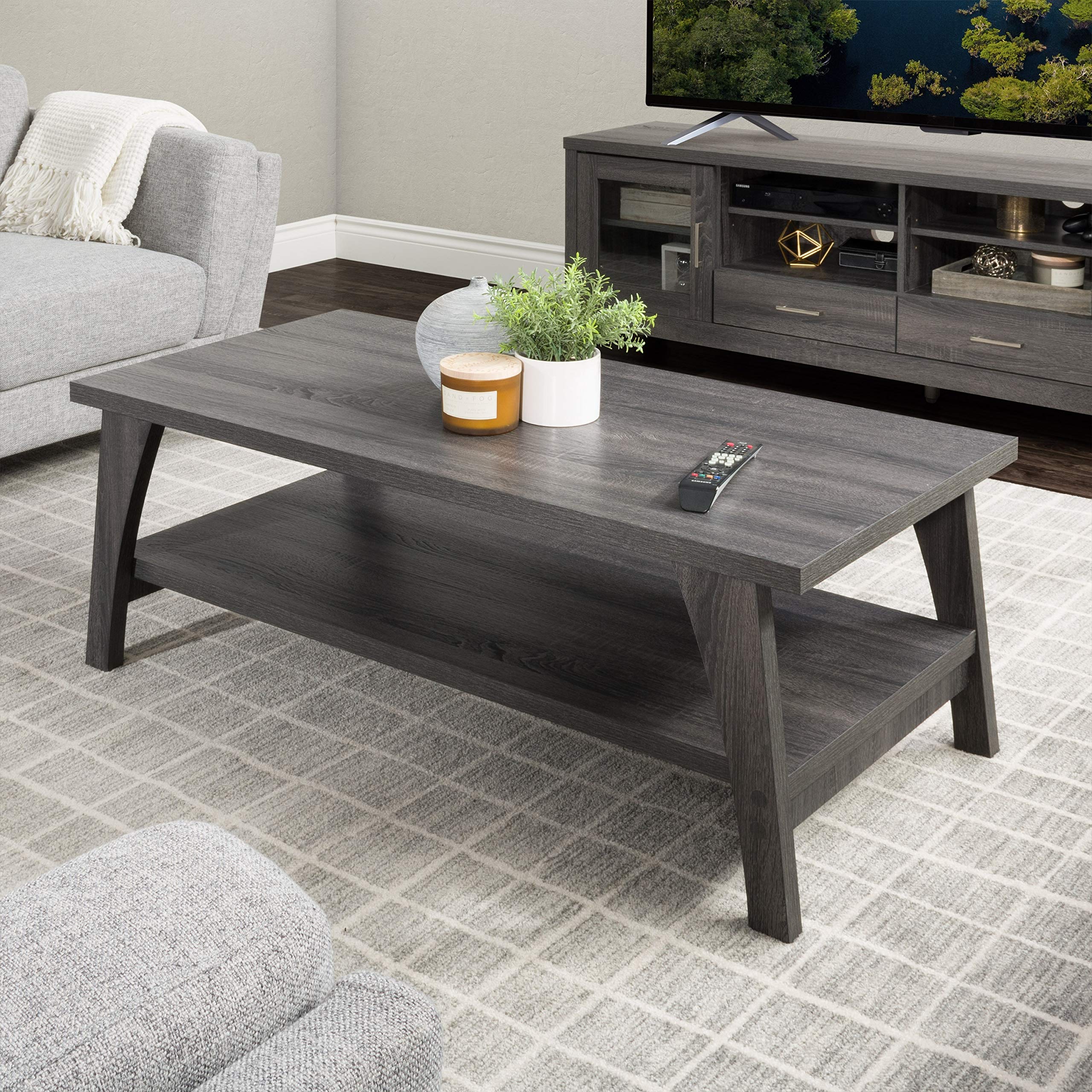 Mid-Century Modern Grey Coffee Table with Shelf - Rectangle Laminate Wood Finish Storage for Living Room, Office & Small Spaces