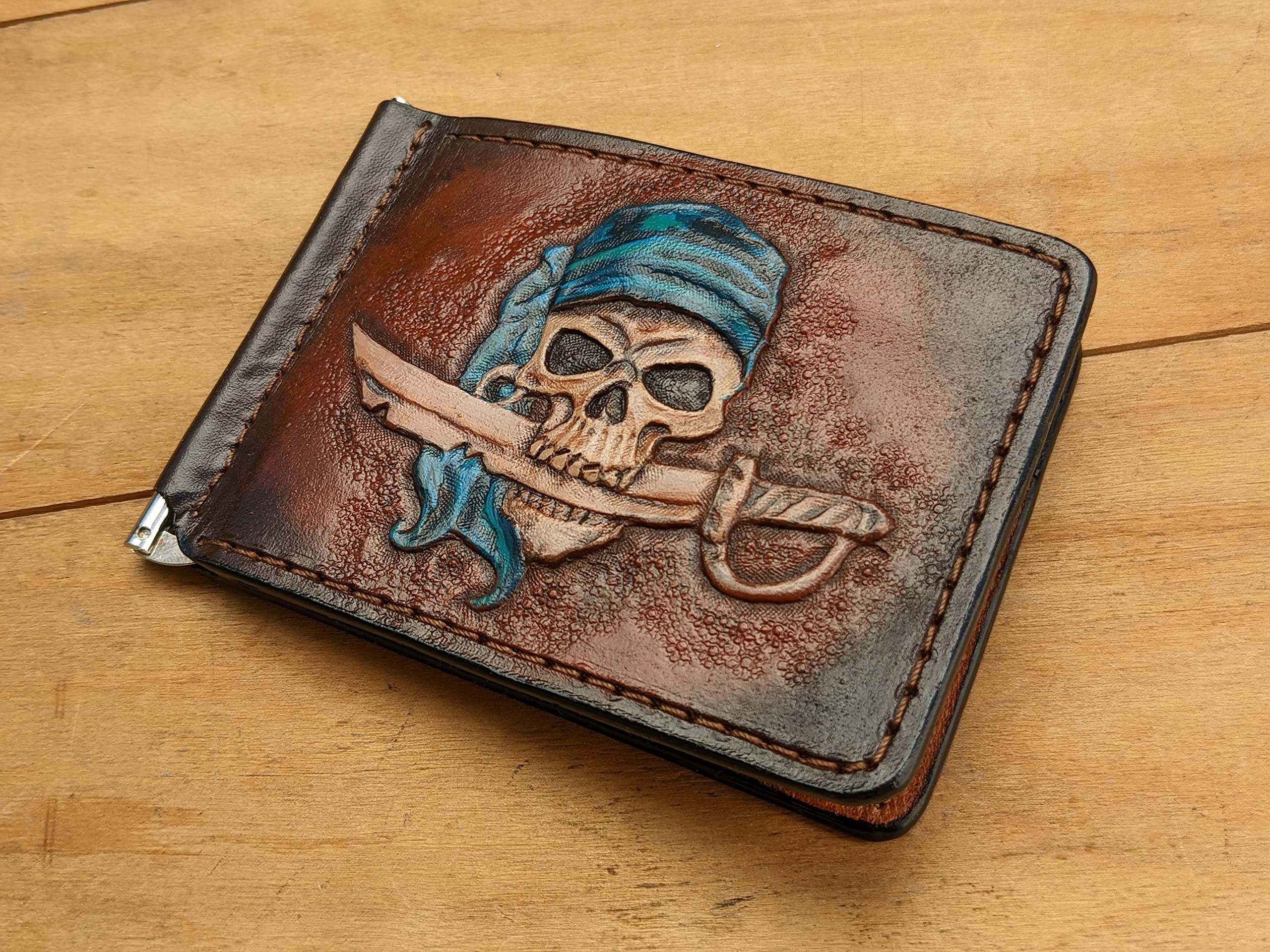 Handmade 3D Genuine Leather Pirate Sword & Skull Wallet for Men - Caribbean Themed Money Clip with Airbrush Art - Custom Personalized Carved & Tooled Leather Bifold Wallet - Perfect for Gifts, Collectors & Pirate Enthusiasts