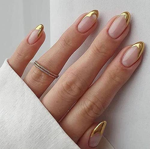KLOSS BEAUTY Custom Almond Shaped Gold Tip Press On Nails - Set of 10 Hand Painted Gel Finish UV Treated Fake Nails for Salon Quality at Home (Coffin Shape, Small Size) | Perfect for Parties, Weddings & Everyday Glam