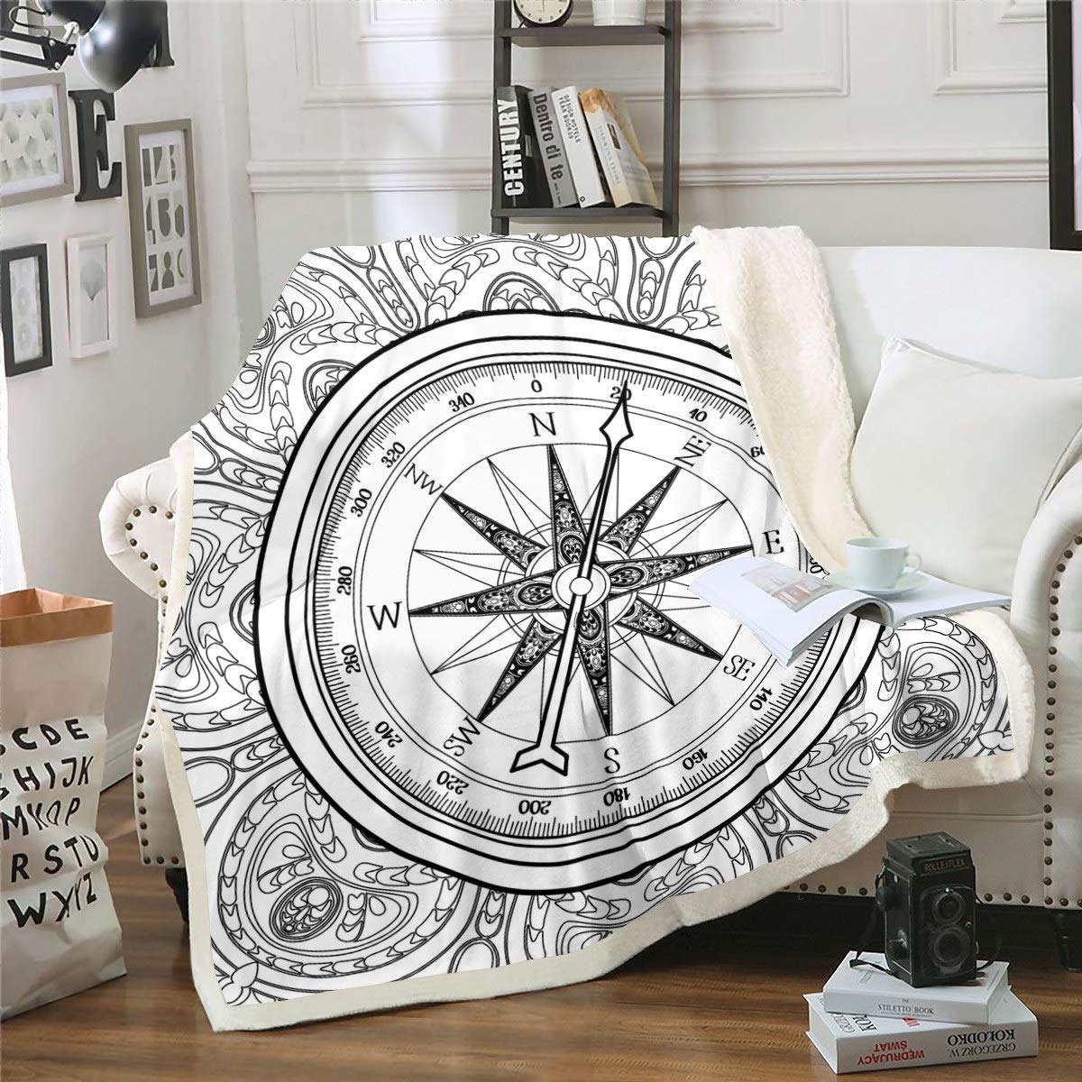 Feelyou Nautical Fleece Throw Blanket - Vintage Compass Sherpa Blanket 60