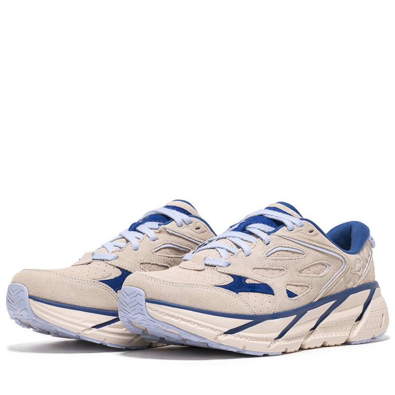 Hoka Clifton L Suede Running Shoes for Men & Women - Oat Milk/Bellwether Blue - Lightweight Cushioned Sneakers for Jogging, Walking & Everyday Wear